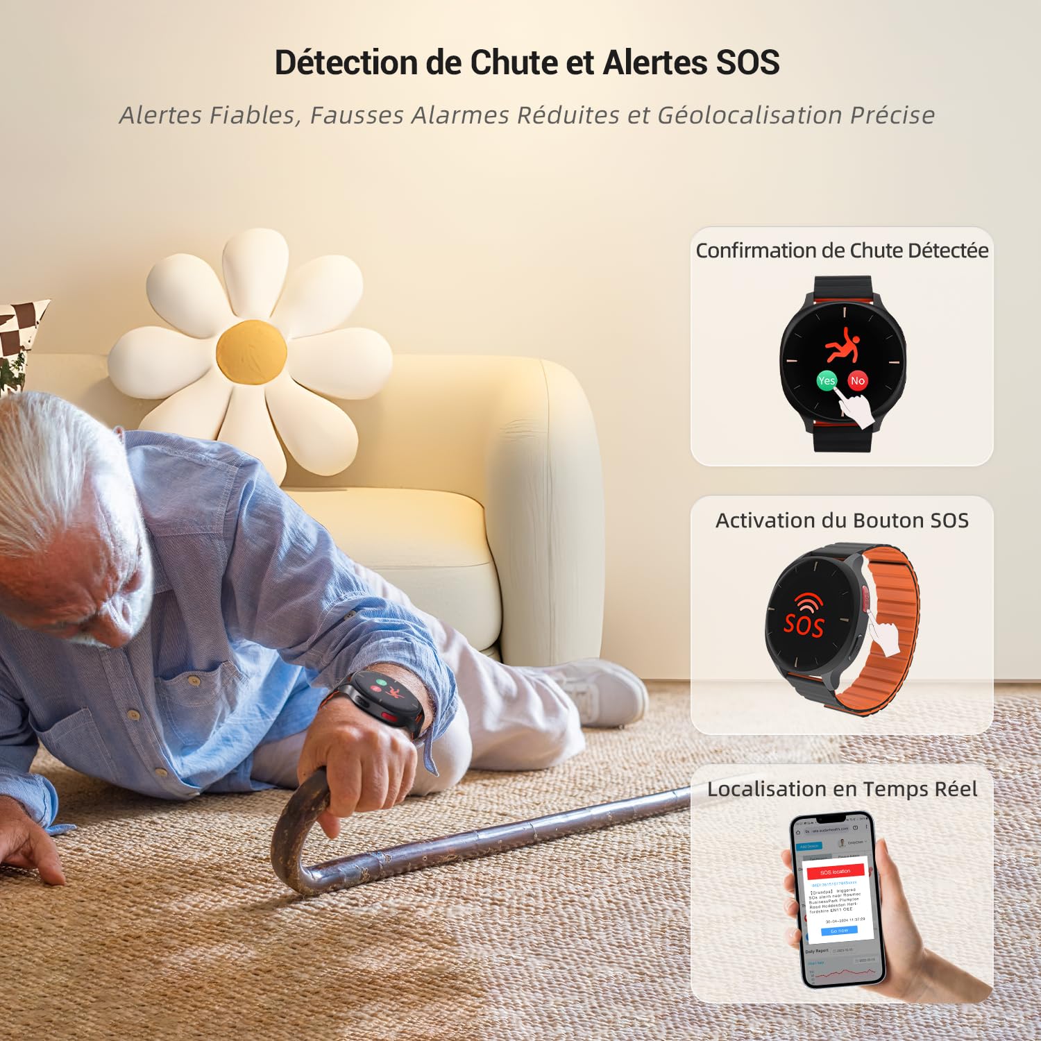 Audar E2 - Montre Connectée Senior avec Détection de Chute et SOS - Surveillance 24/7 Tension Artérielle/Fréquence Cardiaque/SpO₂/Température, Rapports Bien-être par IA, Fonctionne sans Portable/App