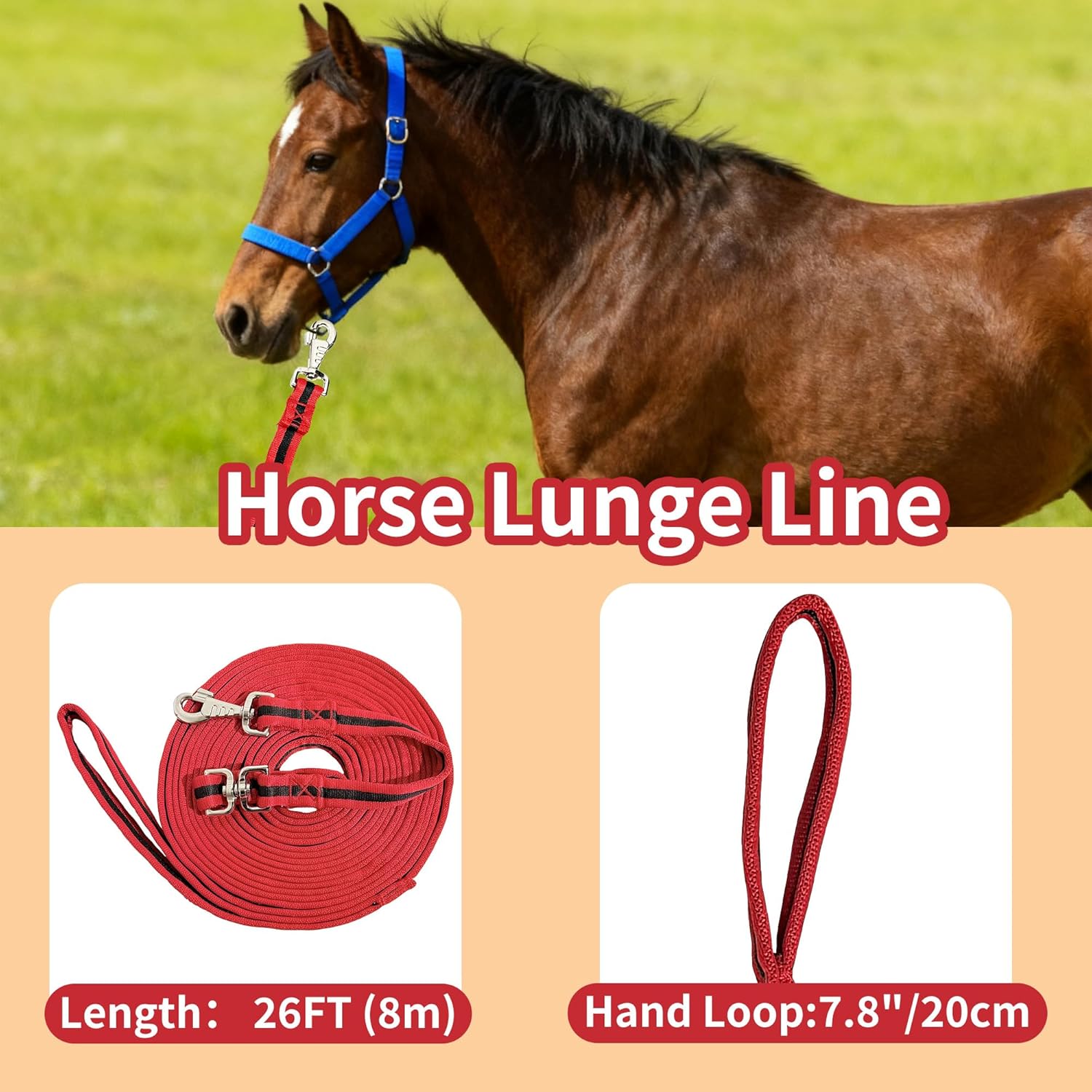 26FT Horse Lunge Line with Tangle-Free Swivel Snap,Quick Release,Heavy Duty Flat Training Rope for Lunging, Groundwork (Red&Black&Red, 26FT-2)