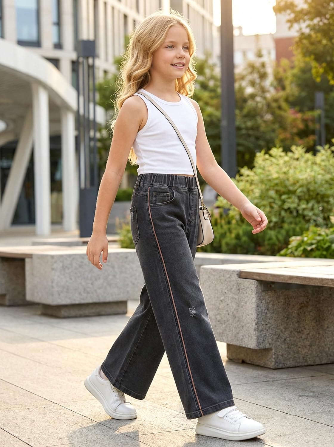 SELINK Girls Wide Leg Jeans Elastic Waistband Distressed Denim Pants with Side Stripes for Kids 6-15 Years