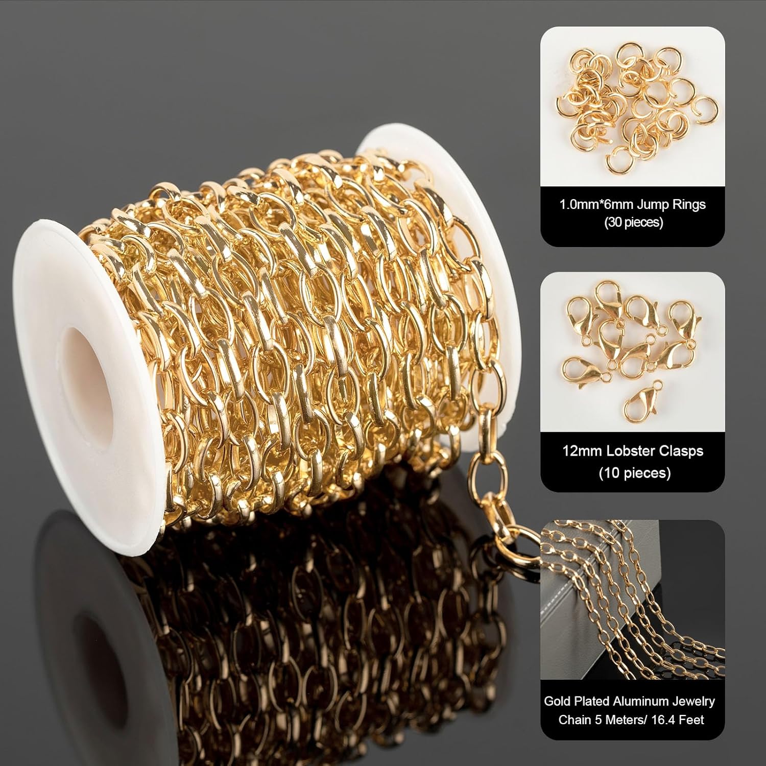 YOUBEIYEE 16.4 Feet Oval Gold Aluminum Jewelry Making Chains with Findings, Lightweight Hippop Necklace Bracelet DIY Craft Chain Roll - Image 2