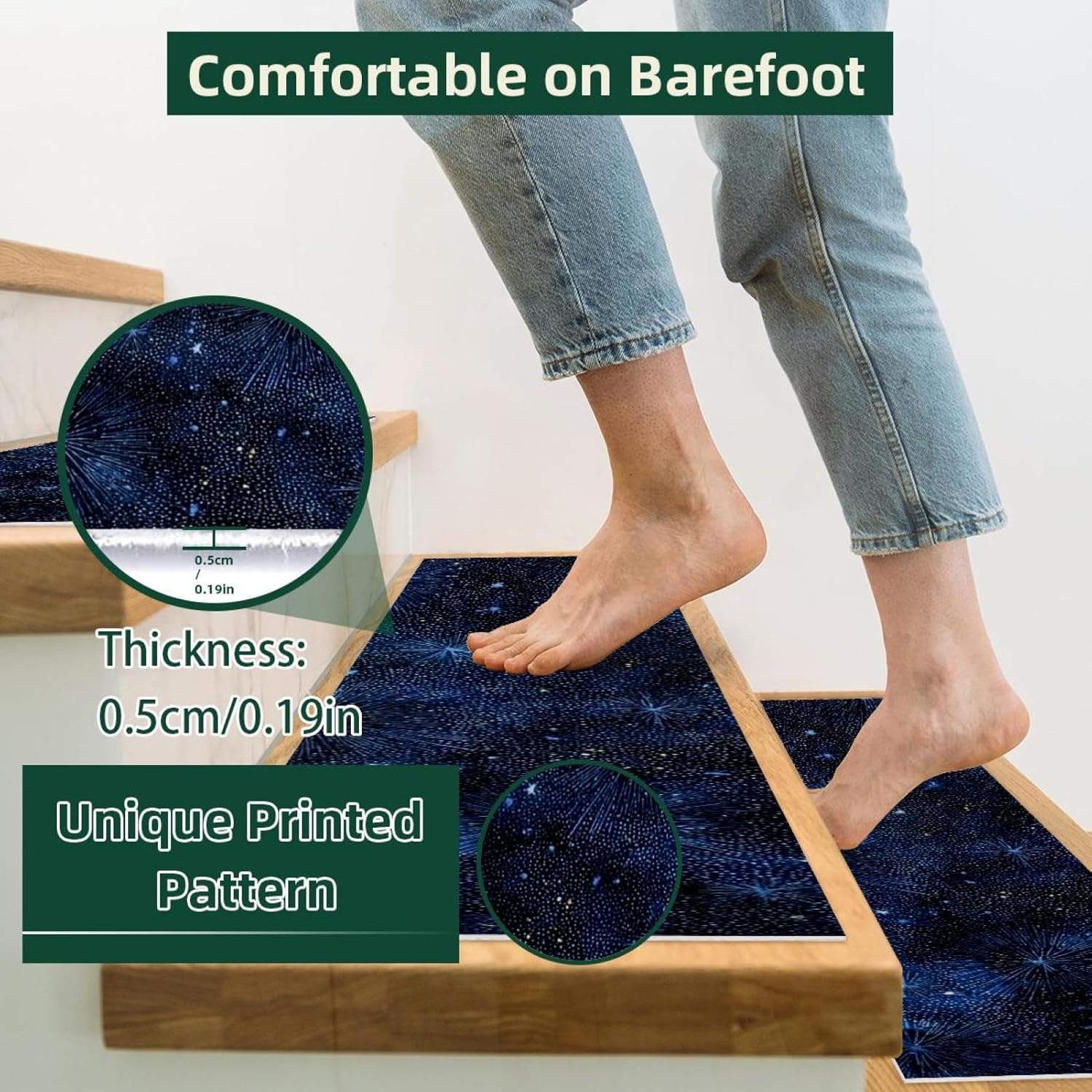 Dark Blue Starry Stair Treads for Wooden Steps Indoor Runner Rug Carpet, 15 Pieces Peel and Stick Staircase Step Treads Covers Washable Throw Door Mats 30"x8"