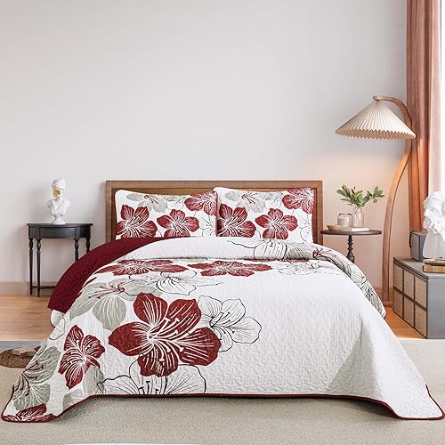 Miniatura 23 de DJY Juego de edredón de 3 piezas, tamaño King, con patrón floral grisáceo, cubrecama bohemio floral con 2 fundas de almohada, juego de ropa de cama