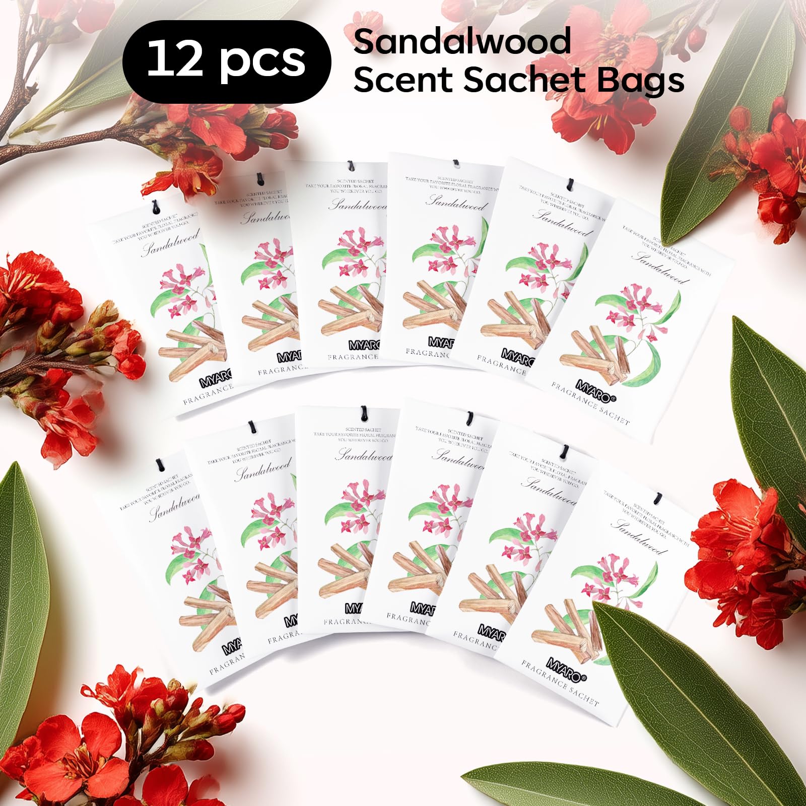 MYARO 12 paquetes de bolsitas perfumadas de sándalo para cajones y armarios, bolsas de larga duración con fragancia para el hogar