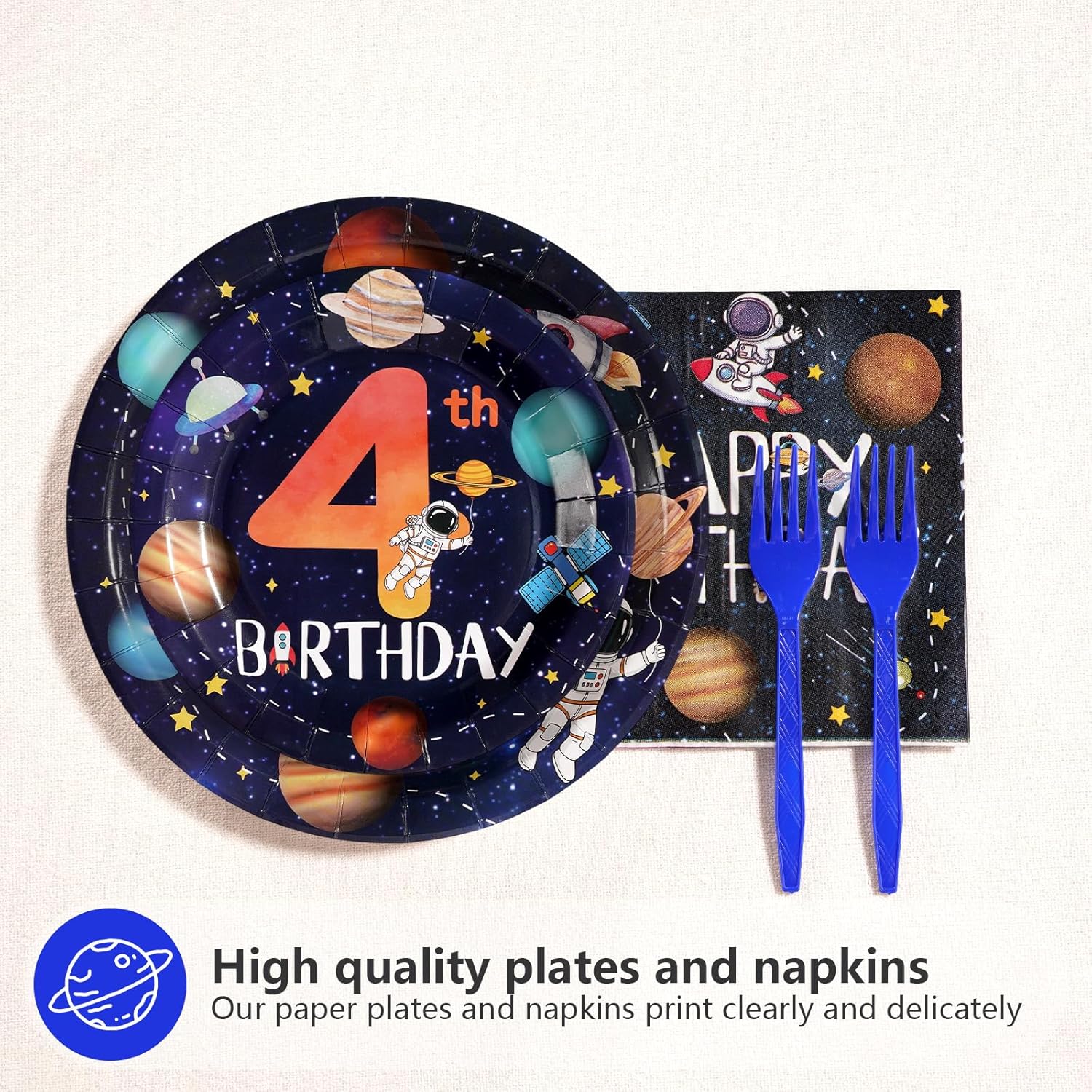 96Pcs Reach Four the Stars Party Supplies Space 4th Birthday Plates and Napkins Disposable Outer Space Theme Tableware Set for Boys Galaxy Astronauts Planet Birthday Party Decorations Serves 24