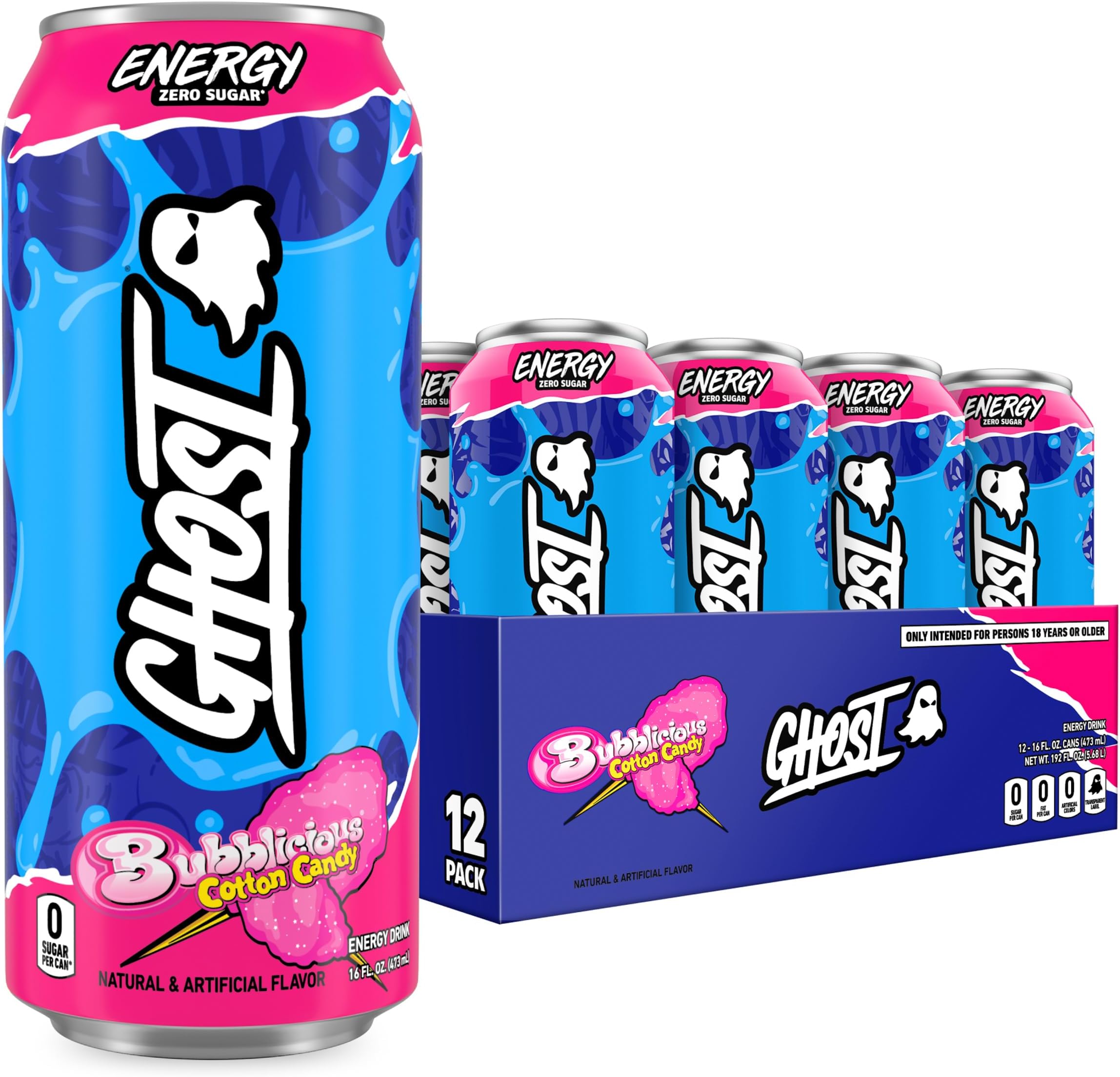 GHOST Energy Drink - 12-Pack, Bubblicious Cotton Candy, 16oz Cans - Energy & Focus & No Artificial Colors - 200mg of Natural Caffeine, L-Carnitine & Taurine - Gluten-Free & Vegan