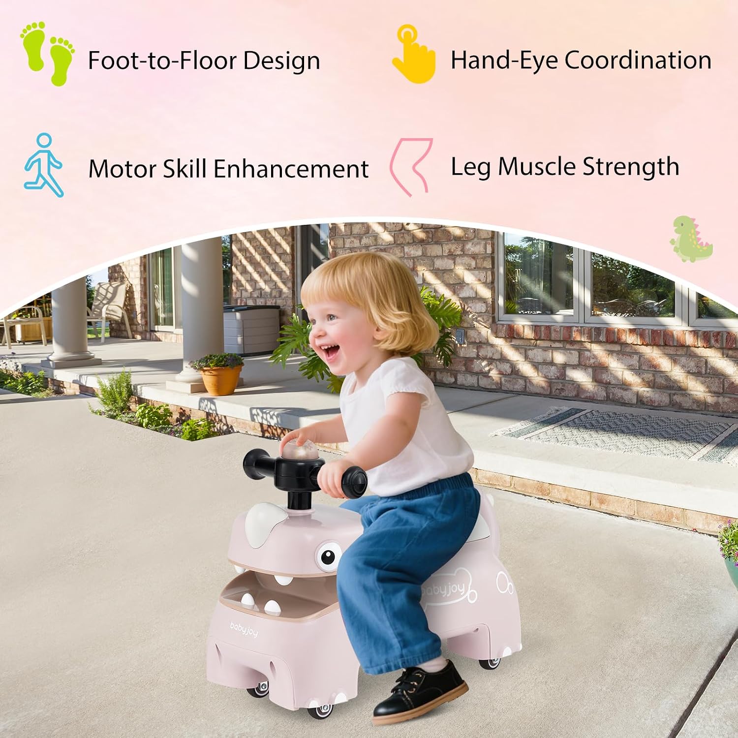 BABY JOY Toddler Ride On Toys, Foot-to-Floor Sliding Car with Under Seat Storage, Lights, Music & Horn, 4 Universal Wheels, Kids Riding Toy for Boys & Girls Aged 18+ Months (Pink)
