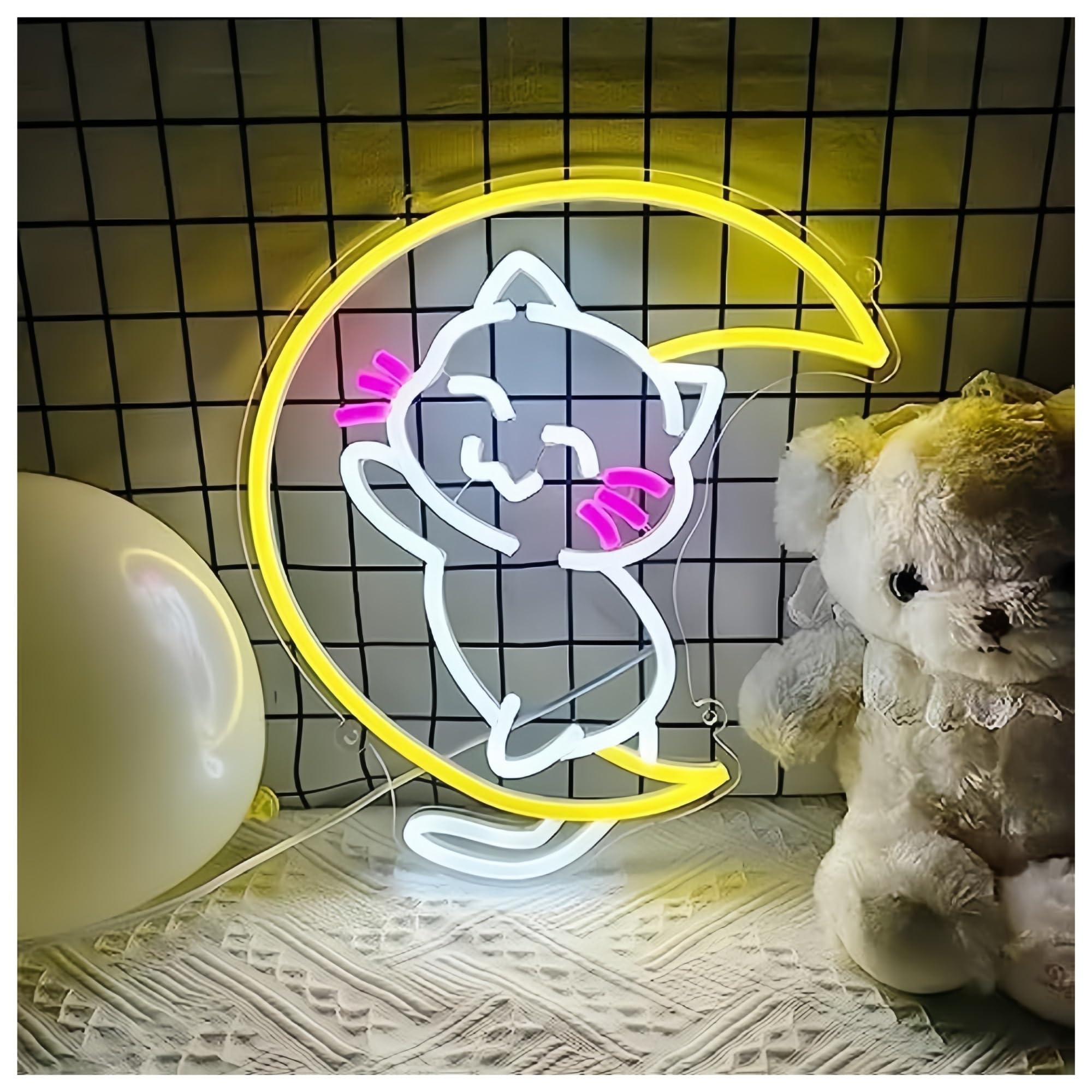 cartelli al neon personalizzati Simpatico Gatto Luna Insegna Al Neon Alimentata Tramite USB Per Bagno Camera Da Letto Famiglia Festa Bar Salone Arredamento Aziendale 28.4cm×33.5cm