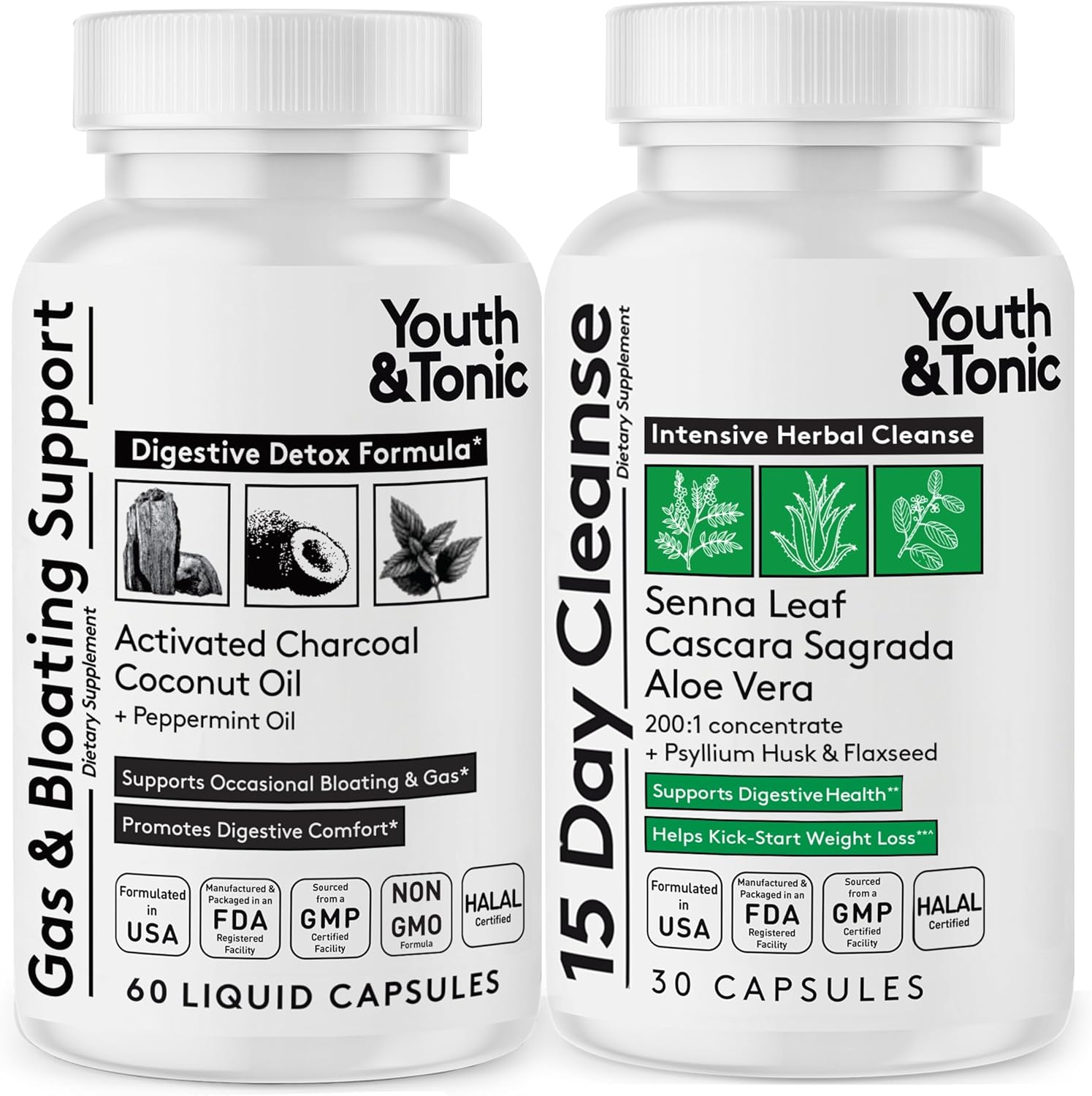 Youth & Tonic 15 Day Cleanse & Activated Charcoal Pills for Gas & Bloating, Body Detox or Colon Cleanse