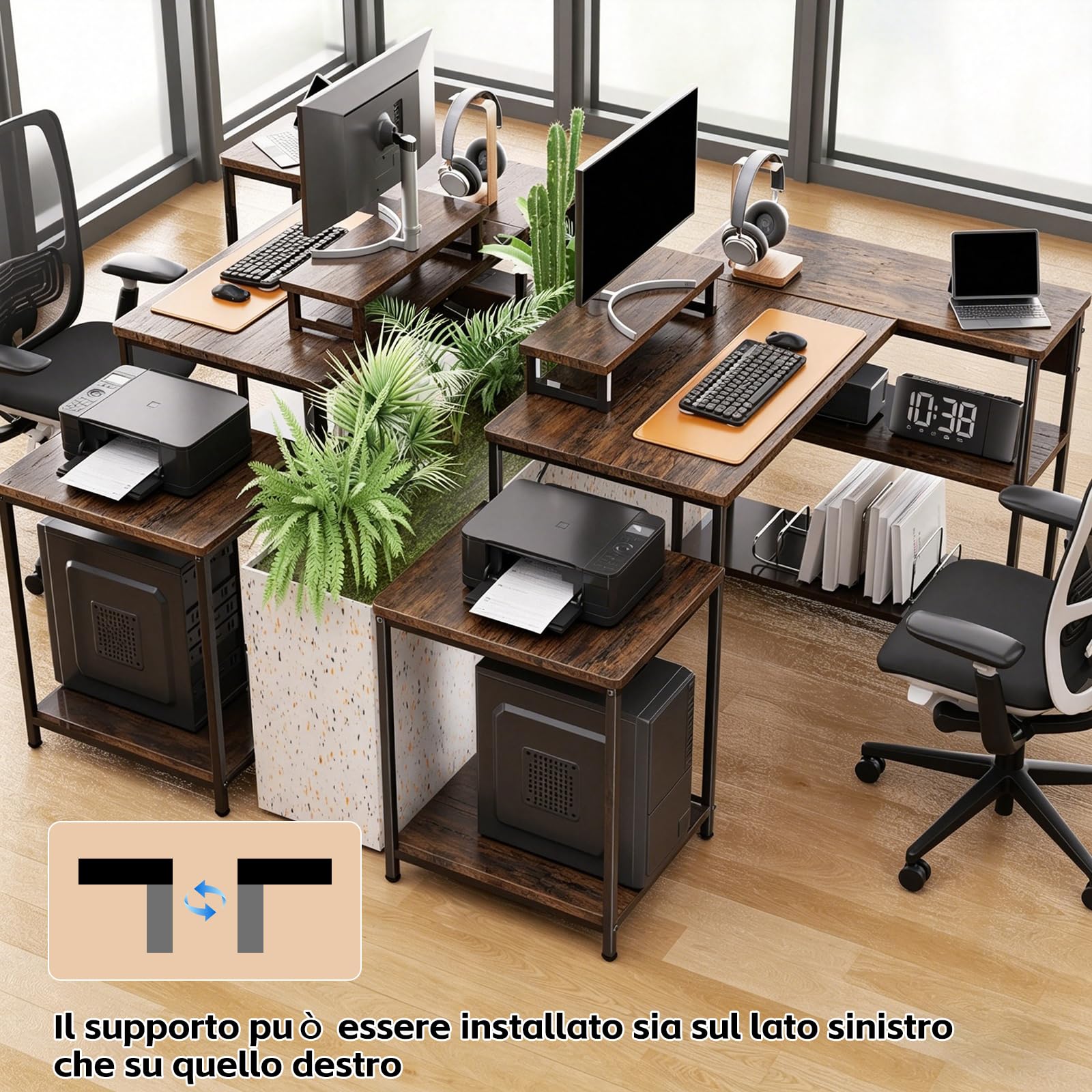 Scrivania ad Angolo Reversibile 152x80cm, Scrivania Ufficio a L con Scaffali Aperti Supporto Monitor, Regolabile in Altezza Scrivania Gaming per Computer, Ufficio, Studio, Marrone