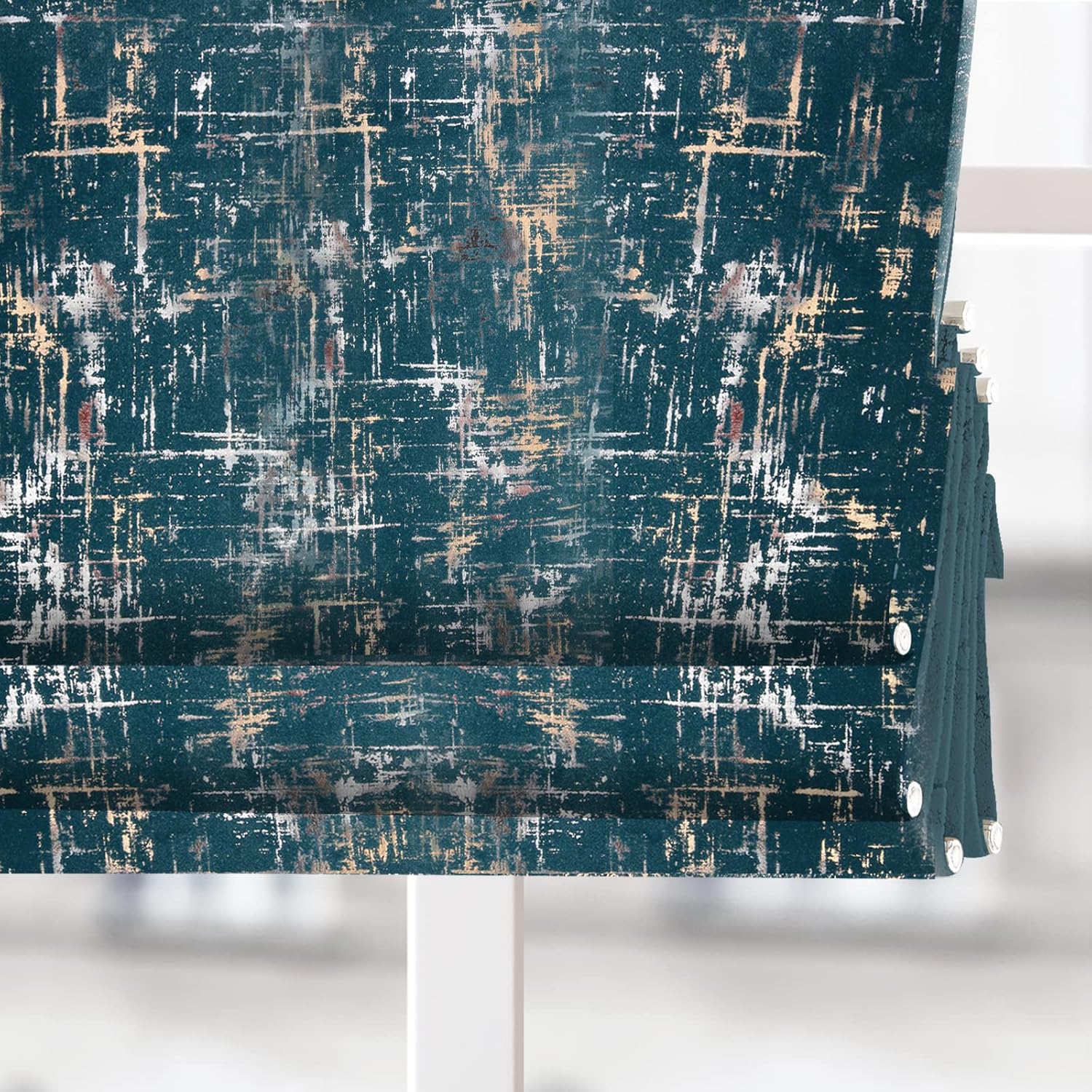 Cordless Teal Roman Shades Window Blinds, Blackout Patterned Roman