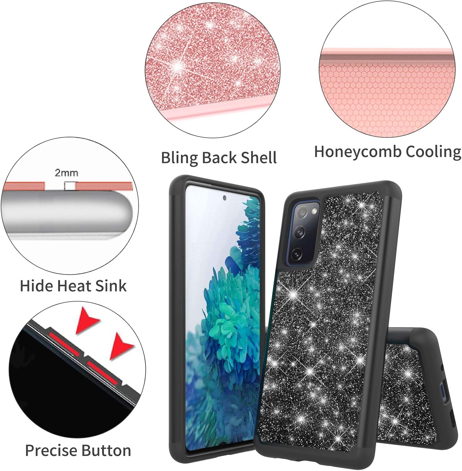 Jusy Shiny Case for Galaxy S20 FE 5G Case with Shiny Skin, Support Wireless Charging, Dual Layer Shockproof Protective Cover Compatible with Galaxy S20 FE 5G(Black