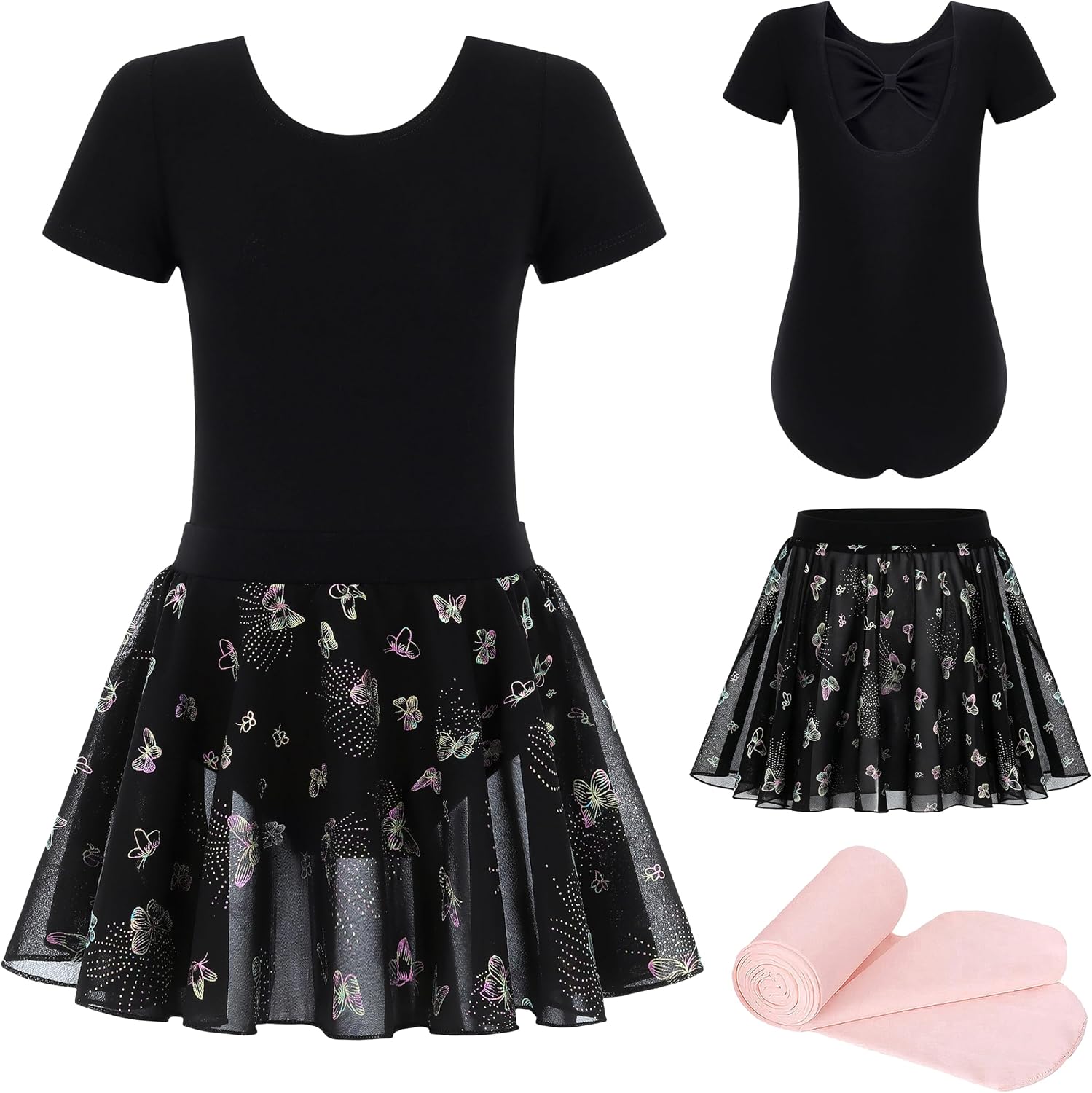 MdnMd Toddler Girl's Ballet Leotards Dance Tights Skirt Combo with Butterfly Printing Bow Back Child Dresses Outfit