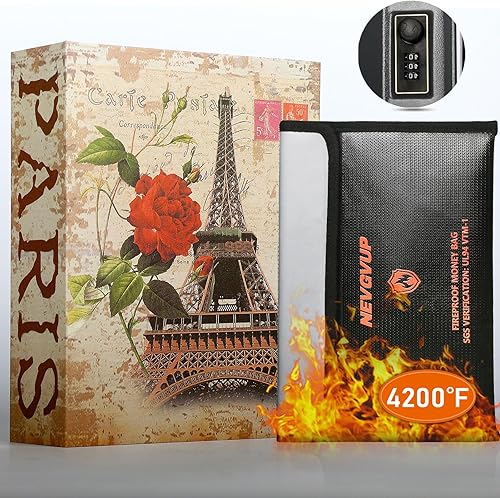 Miniatura 11 de Caja fuerte de libro de diversión con bolsa de dinero ignífuga de 4200°F y cerradura de combinación, 10.5" x 7.9" x 2.5" caja fuerte de libro falso