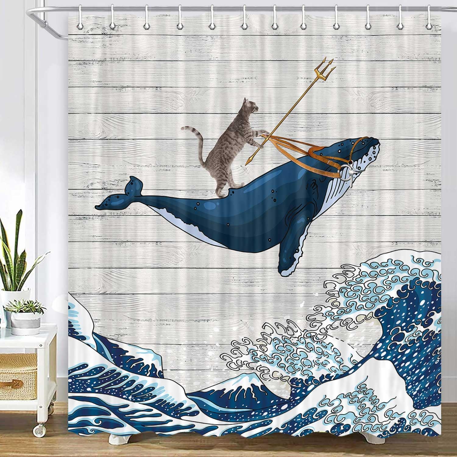 MERCHR Funny Cat Shower Curtain, Fun Japanese Cute Animal Riding Whale Ocean Sea Wave Kids Fish Hilarious Shower Curtains 72 x 78 Inch Polyester Fabric 12 Pack Hooks