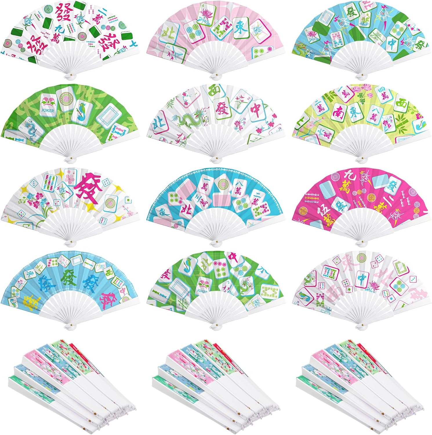 Qunclay 24 Pcs Mahjong Themed Folding Fans Bulk Mahjong Game Night Club Decor 8.3" x 15"birthday Party Supplies Celebration Decorations Chinese Wedding Gifts for Mah Jong Lovers