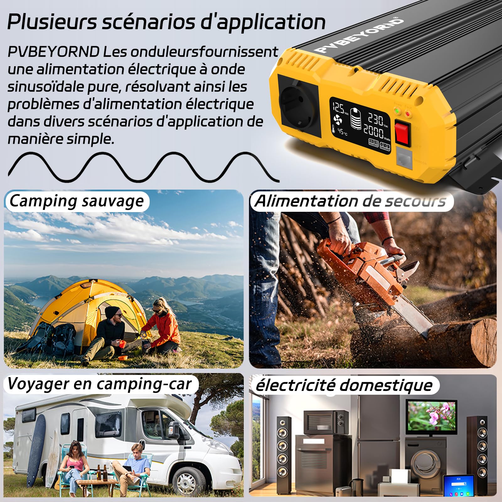 Convertisseur 12V 220V/230V Pur Sinus 2000W/4000W Convertisseur | Avec fonction de télécommande Adapté à une alimentation électrique hors réseau, aux camping-cars et aux séjours en camping