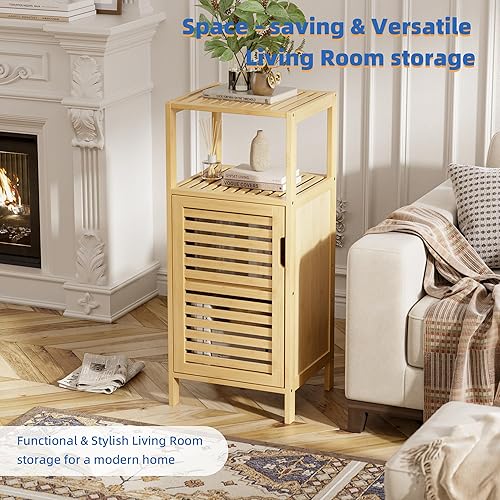 Miniatura 4 de HITNET Armario de baño independiente, pequeño gabinete de piso de bambú, 4 niveles de una sola puerta sofá mesa auxiliar organizador de