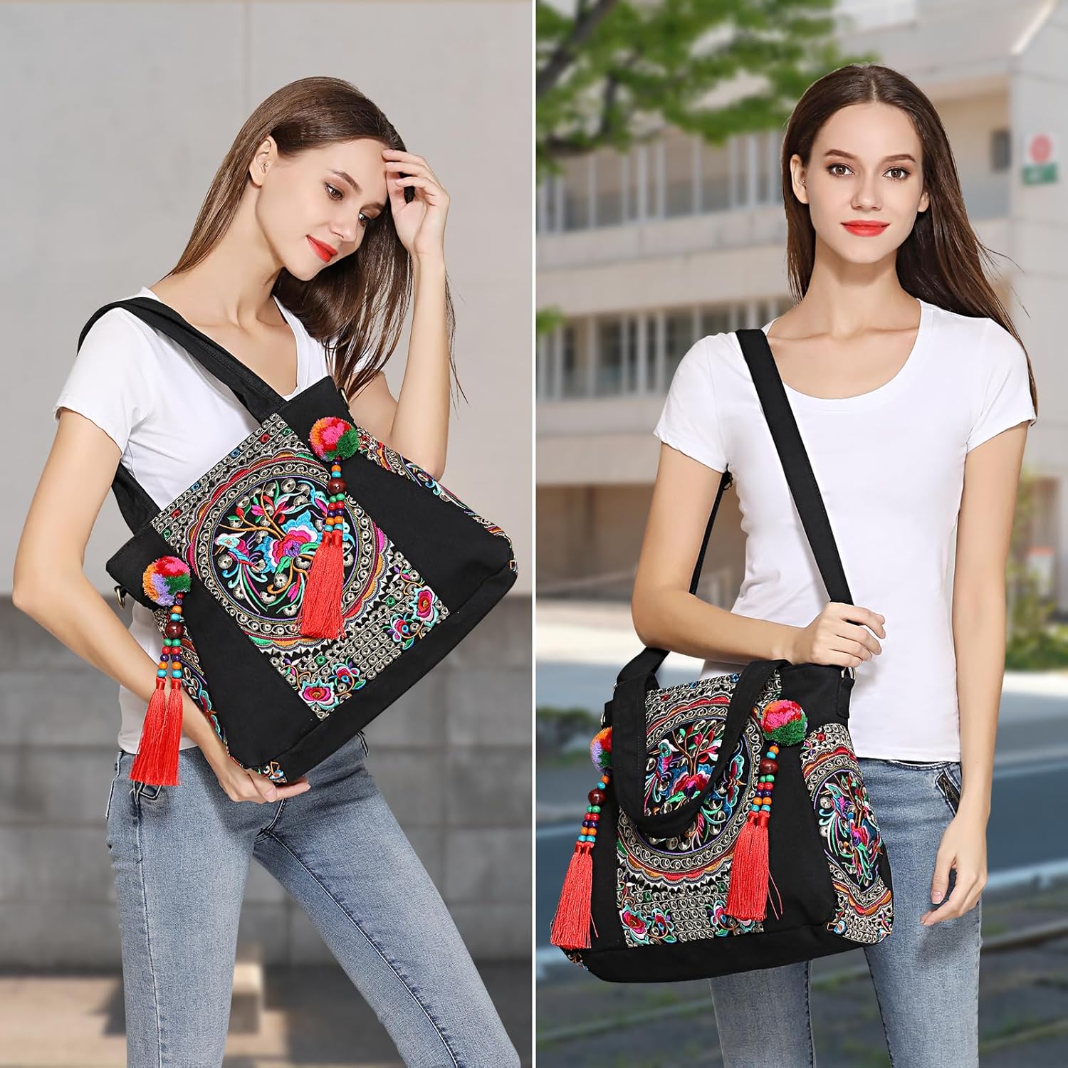 Embroidered Tassels Tote Shoulder Bag Casual Canvas Handbag Cross Body Bag One_Size - Image 6