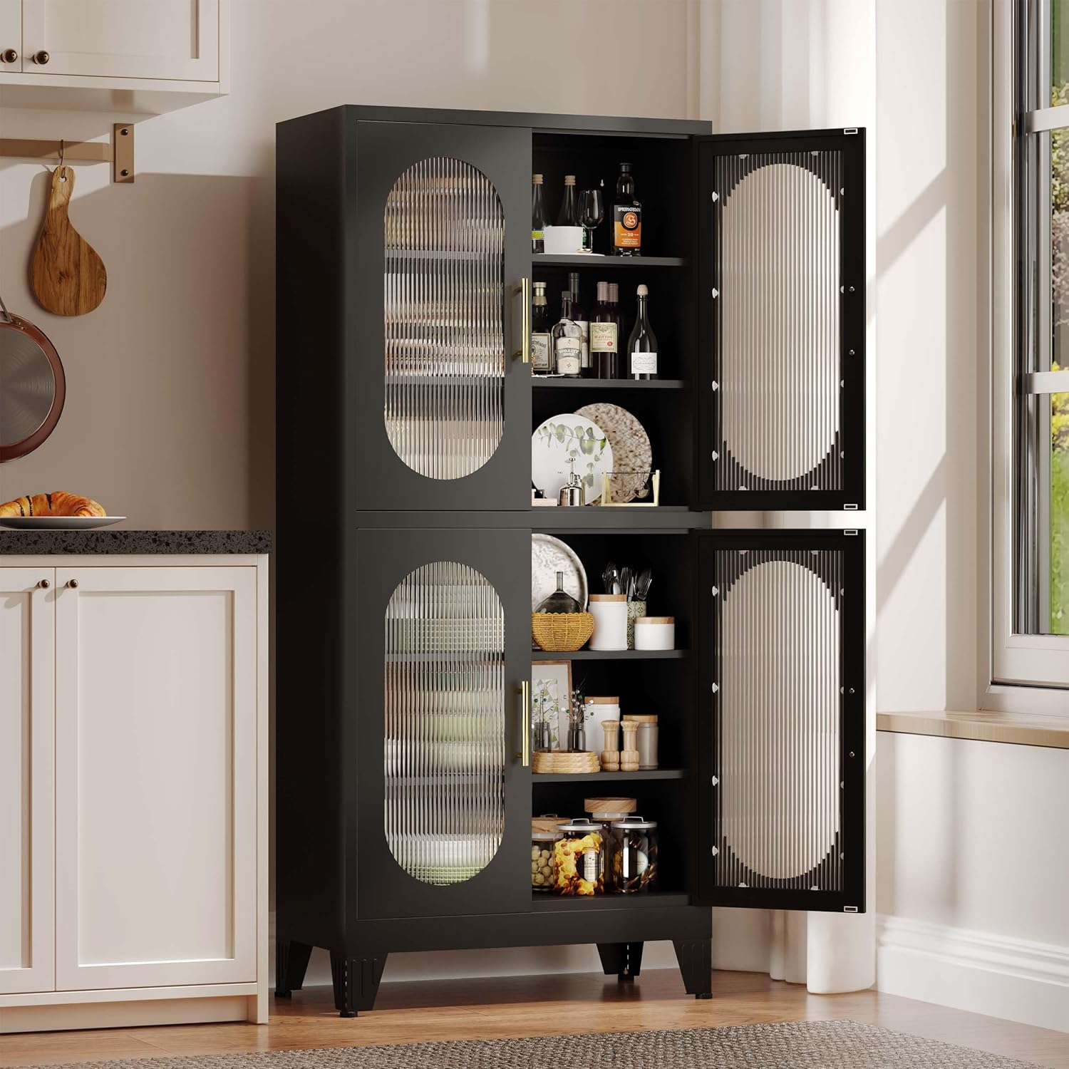 pozdeg Metal Storage Cabinet, 61" Pantry Kitchen Storage Cabinets with 4 Acrylic Glass Doors 4 Adjustable Shelves, Black Pantry Storage Cabinet for Kitchen, Laundry Room, Living Room (Black)