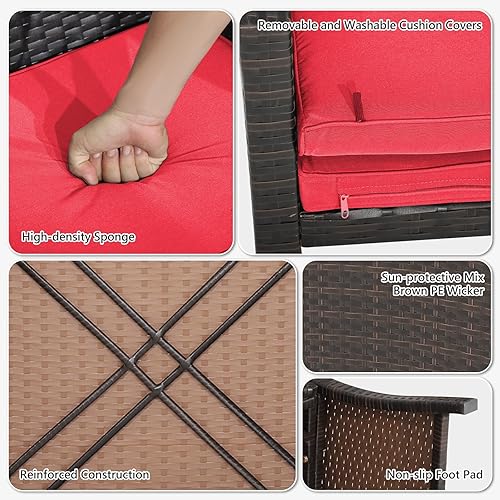 Miniatura 9 de COSTWAY Juego de muebles de ratán para patio, 5 piezas, silla otomana acolchada con cubierta que ahorra espacio, color rojo
