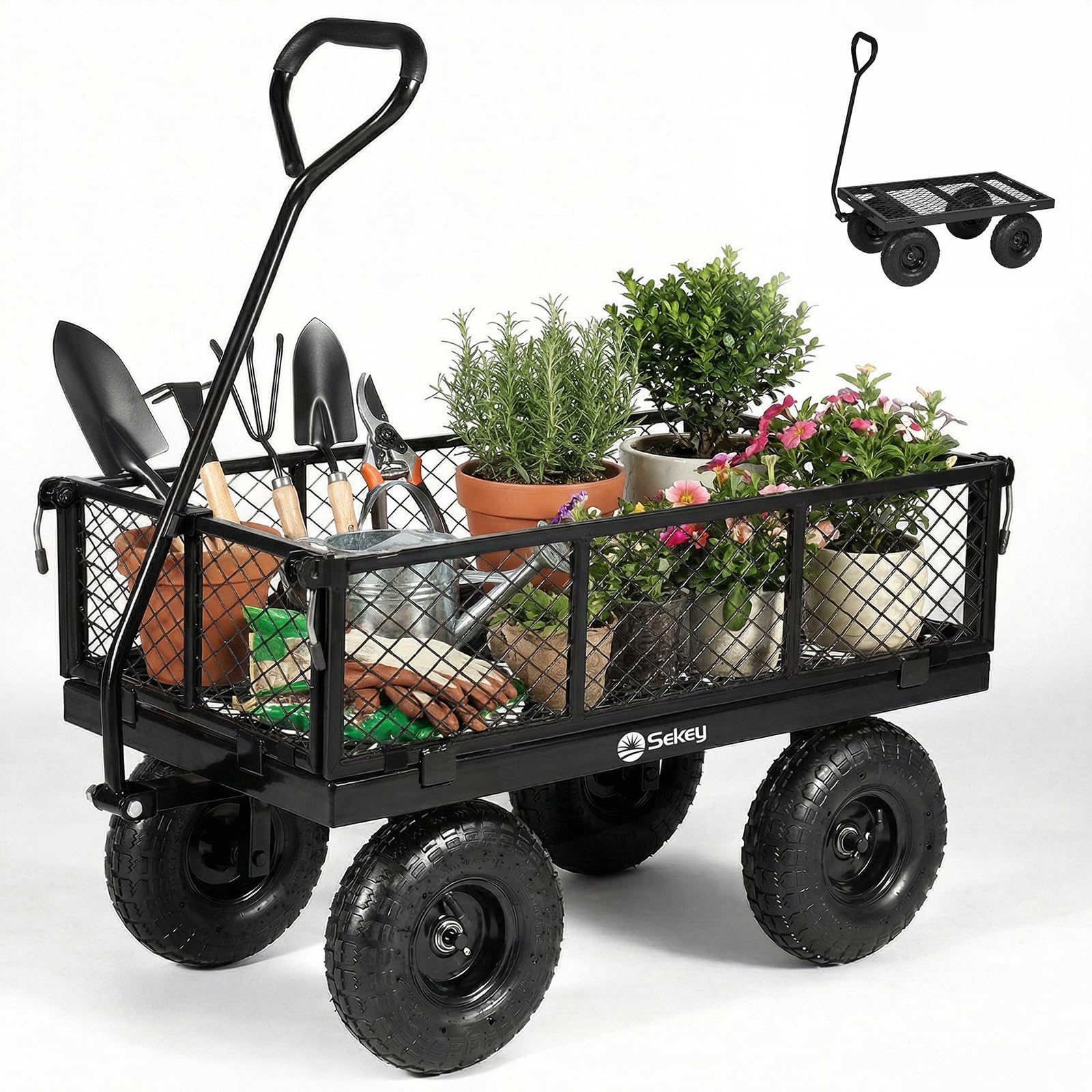 Sekey Heavy Duty Garden Trolley on Wheels, 350kg/100L Large Metal Utility Cart, 3-in-1 Pull Wagon with Removable Sides & Flatbed, 10" Pneumatic Tyres for Plants, Logs, Camping, Festivals - Black