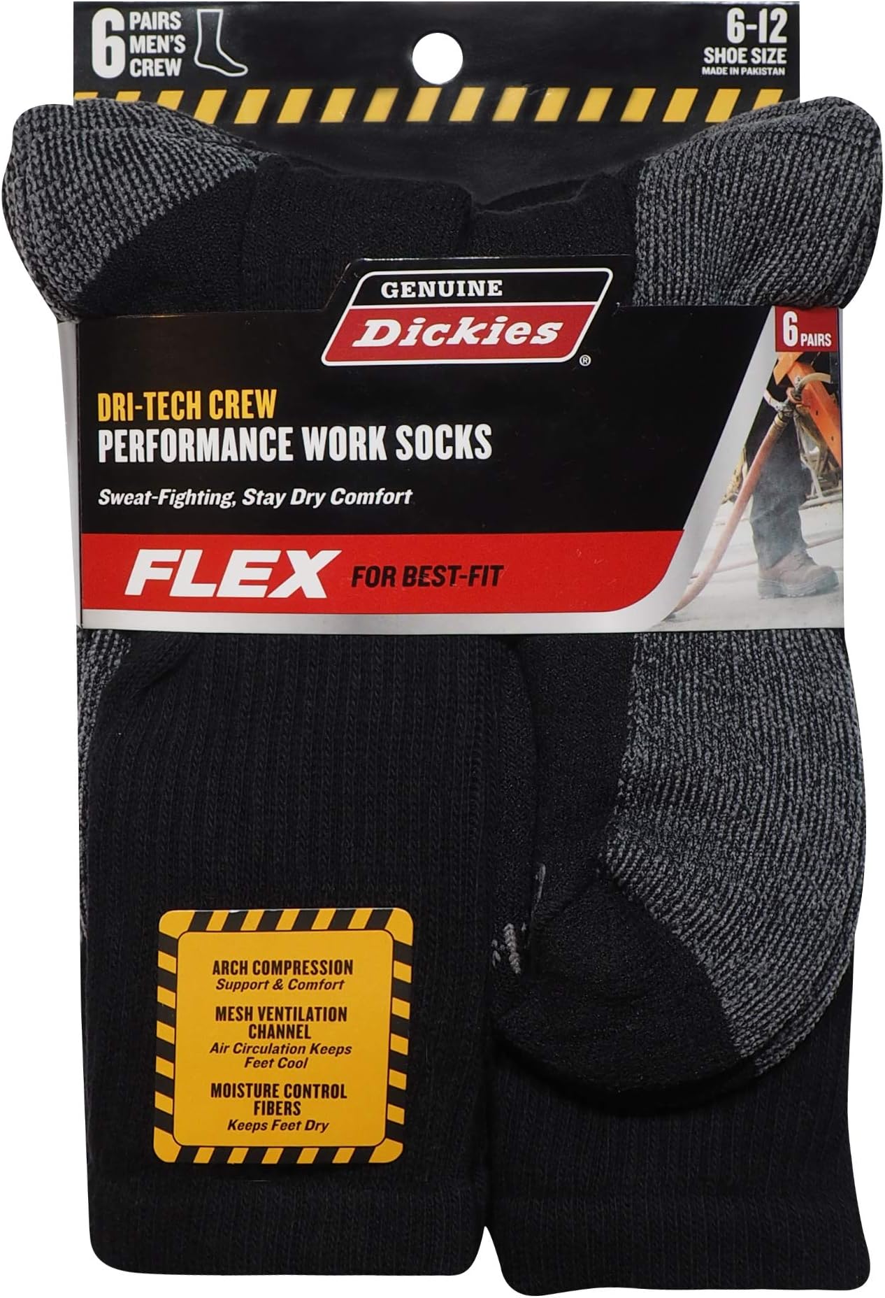 Men's Dri-Tech Performance Crew Work Sock 6-Pair-Pack (Black)