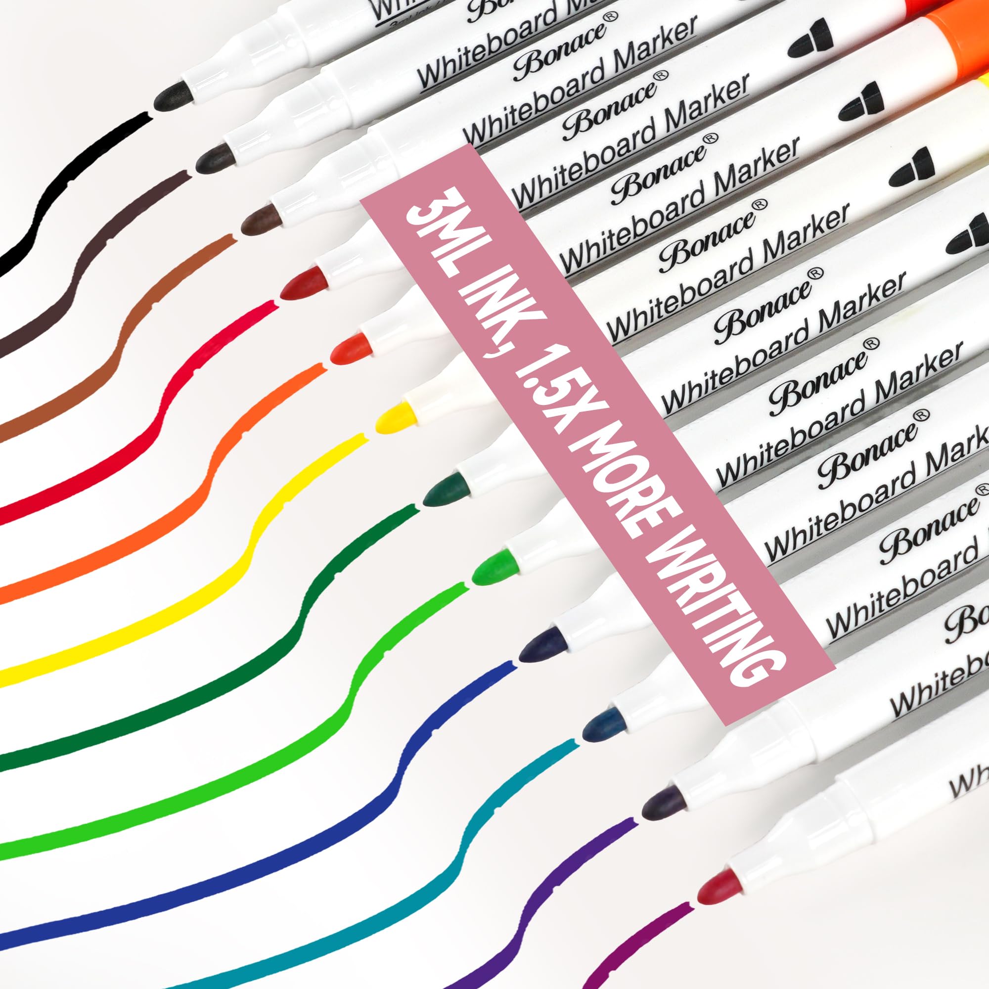 BONACE Medium Whiteboard Markers 3ml Ink, Low Odor, Bullet Tip 2-2.5mm