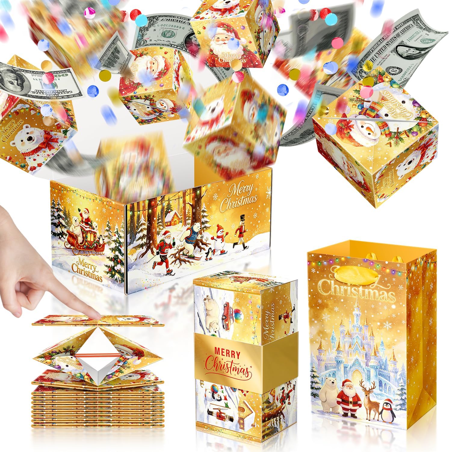 Christmas Surprise Explosion Gift Box with 15 Bouncing Pop Up Boxes & Confetti, Unique Folding Cash Money Surprise Box for Men, Women, Kids Xmas Gold Holiday Surprise Gift Box Set