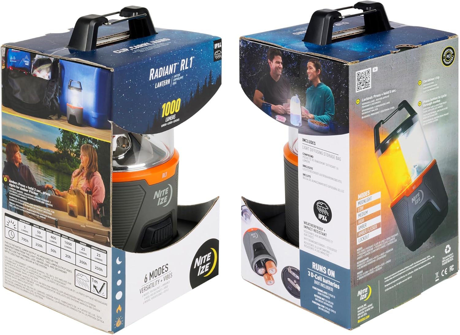 Nite Ize Radiant RL1 Lantern - Battery-Powered Lantern with 33-Day Runtime on Low - Multi-Mode LED Light - Built-in Carabiner Clip for Convenient Use - Amber Mode for Night Vision & Ambiance