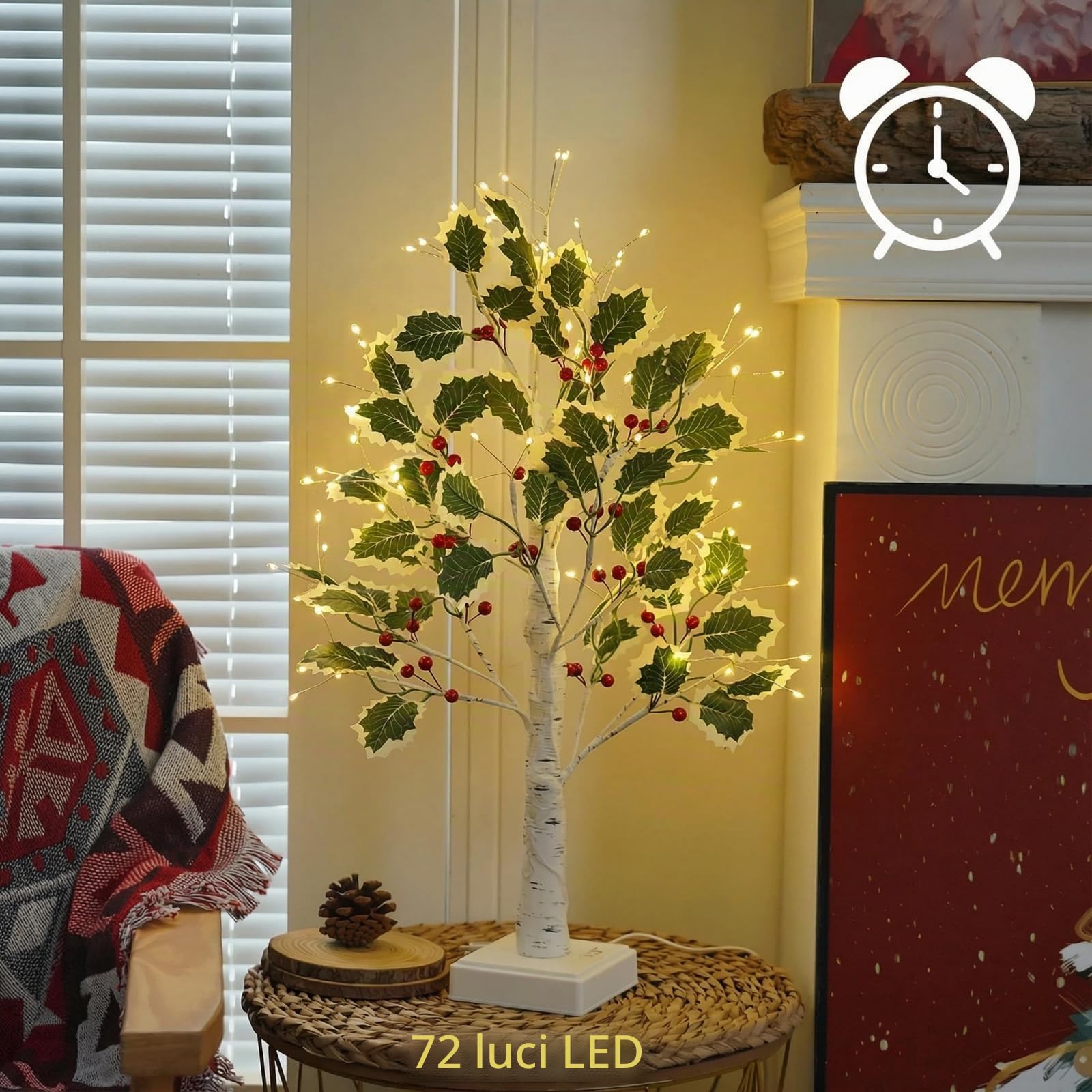 Albero luminoso a LED per interni, con timer, 72 LED bianchi caldi, foglie verdi, bacche rosse, albero decorativo per Natale, primavera, alimentato tramite USB/batteria (60 cm/2 piedi)