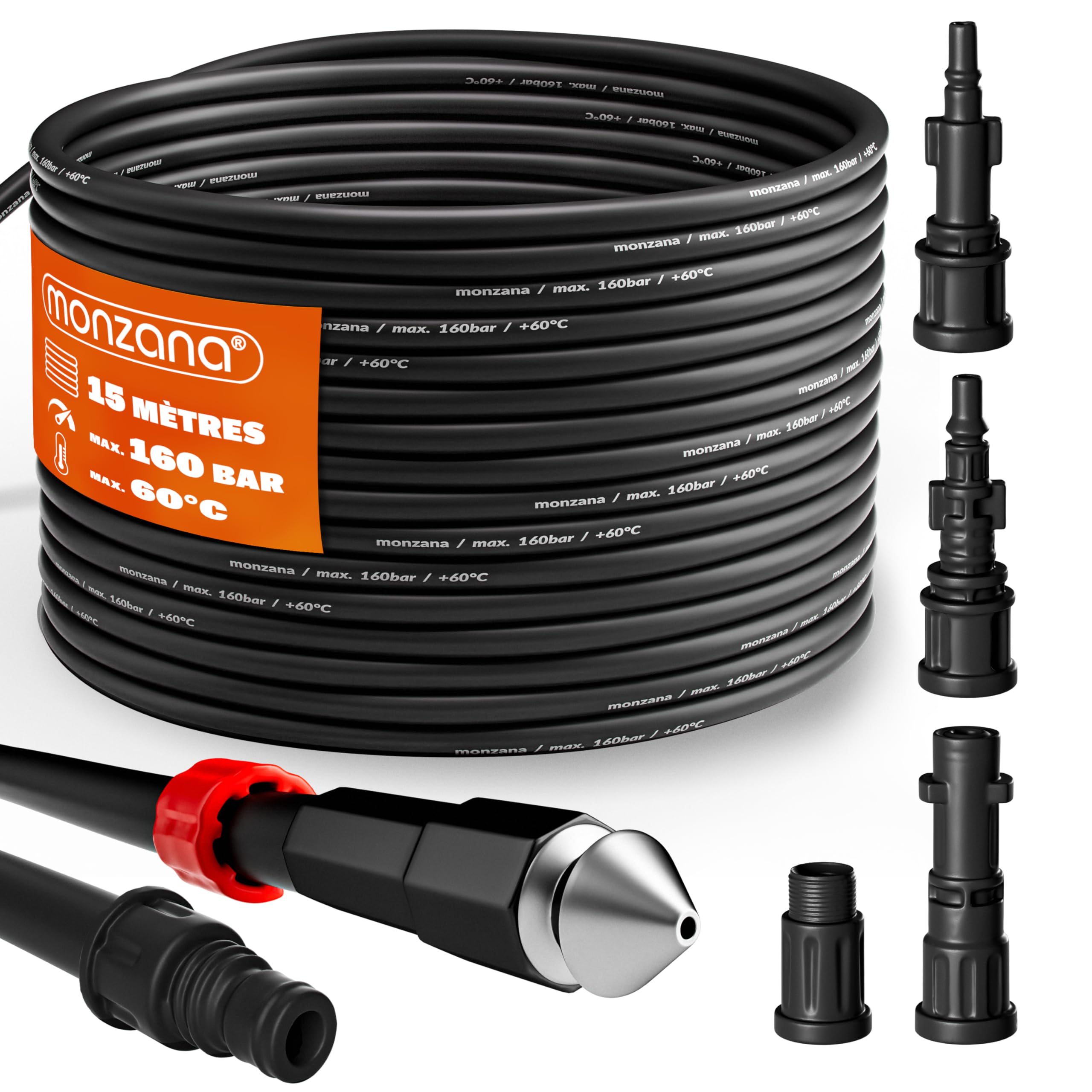 DEUBA Tuyau Déboucheur Canalisation 15m - Nettoyeur Haute Pression 160 Bar avec 4 Adaptateurs - Compatible Karcher K2 K3 K4 K5 K6 K7 - Furet Déboucheur Canalisation