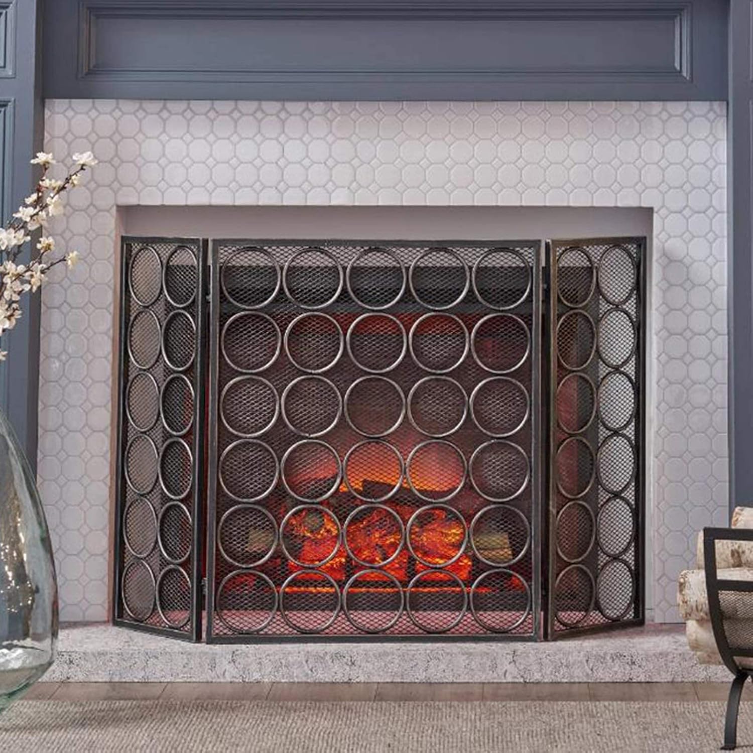 Spark Guard, 3-Panel Fireplace Screen Wrought Iron Vertical Mantel Furnace Extension Fireplace Screen Folding Screen Fireplace Cover Solid Baby Safe Spark Guard, H 47IN