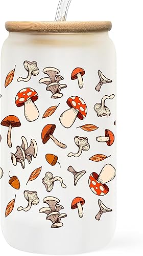 Heulinwen Taza de vidrio retro de hongos con hojas de otoño, lata de café helado de 16 onzas con tapa de bambú y pajita, taza de té de vidrio con disponible en Yaxa Peru