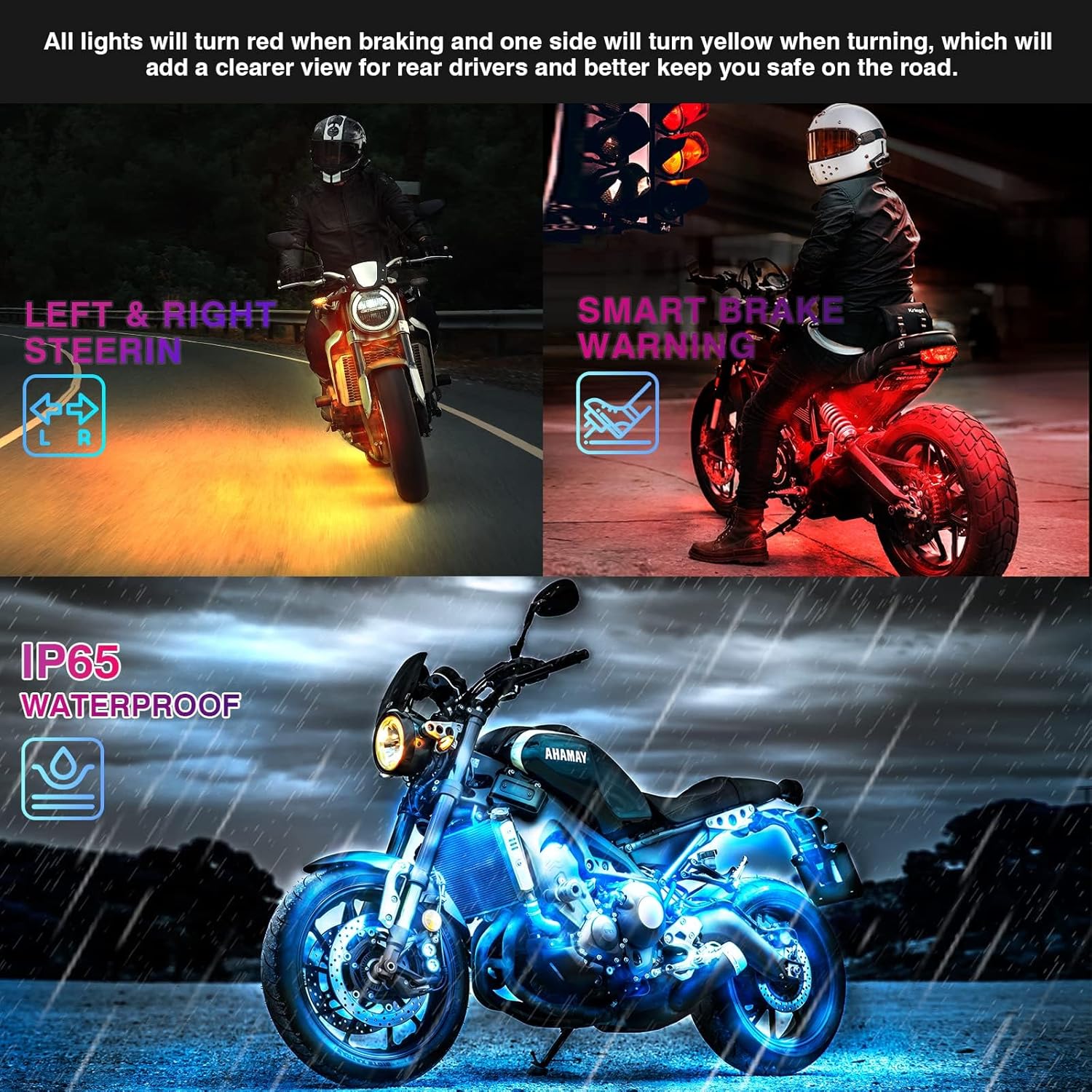 8 Piece RGB Motorcycle LED Underglow Kit with Brake Turn Signal, APP Control Music Sync, 24/4 Key Dual Remote, Waterproof Multicolor Motorcycle Strip Light for Harley Davidson Kawasaki ATV Golf Cart