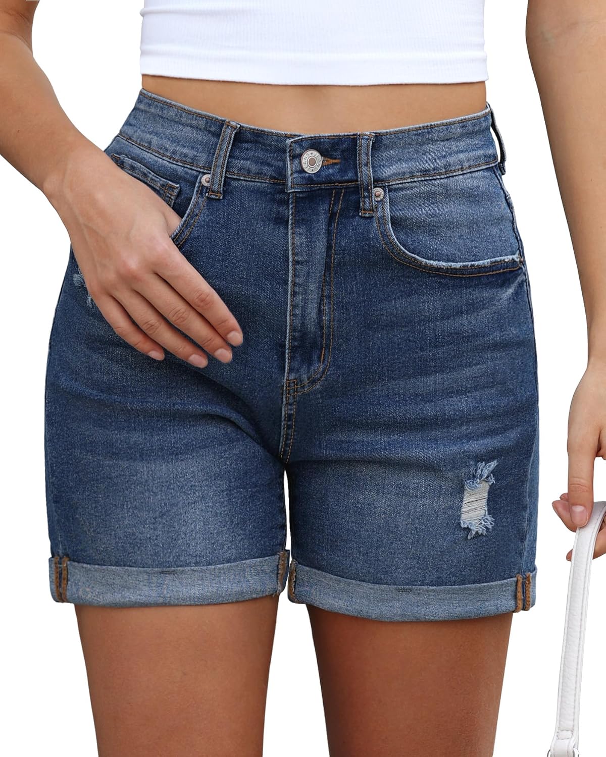 Vetinee Jean Shorts for Women Trendy High Waisted Distressed Ripped Stretchy Denim Shorts Fold Hem Summer Casual Jorts