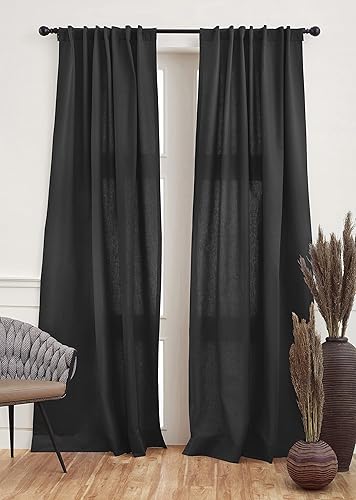 Miniatura 2 de Solino Home Cortina de lino y algodón negro de 63 pulgadas, estilo 2 en 1, para colgar con bolsillo para barra y pestaña oculta, cortina de 52 x 63