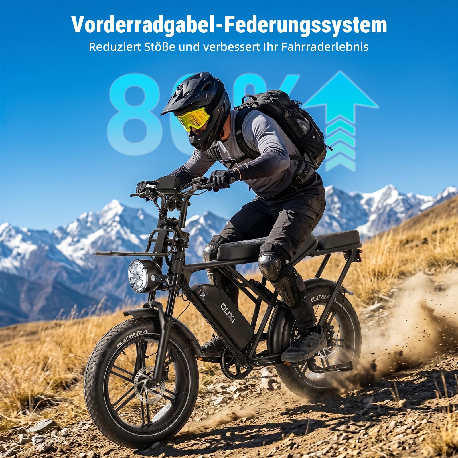 OUXI H9 E-Bike 20 Zoll Fatbike Elektrofahrrad Pedelec, 250W Motor 60Nm, 48V 15Ah Akku 60km, Hydraulische Scheibenbremsen, Vollfederung, Gepäckträger vorne & hinten, mit Blinker