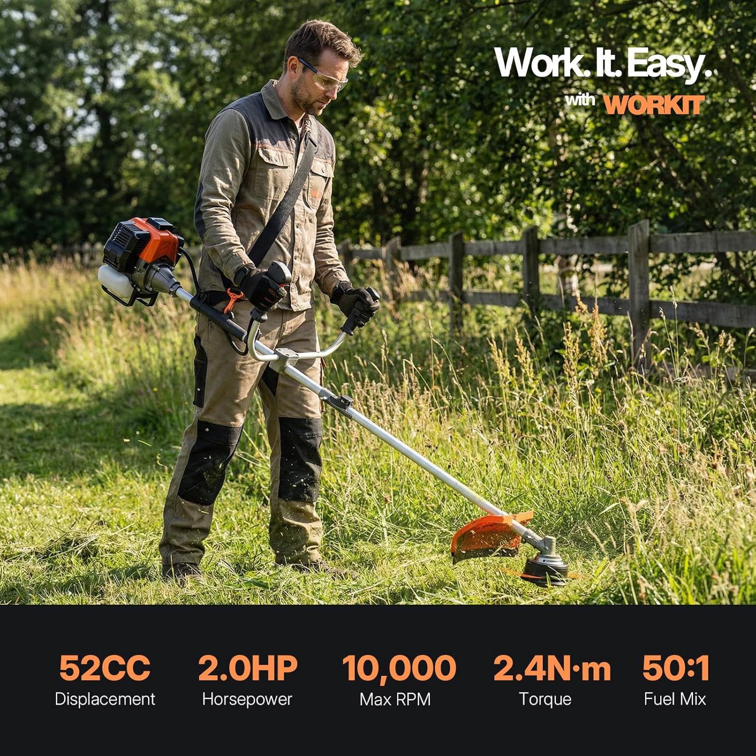 WORKIT 52cc Gas Powered Weed Eater, 3-in-1 String Trimmer Edger & Brush Cutter with 18-Inch Auto-Feed, 0.095" Line, 3T/40T Metal Blades for Pro Lawn Care