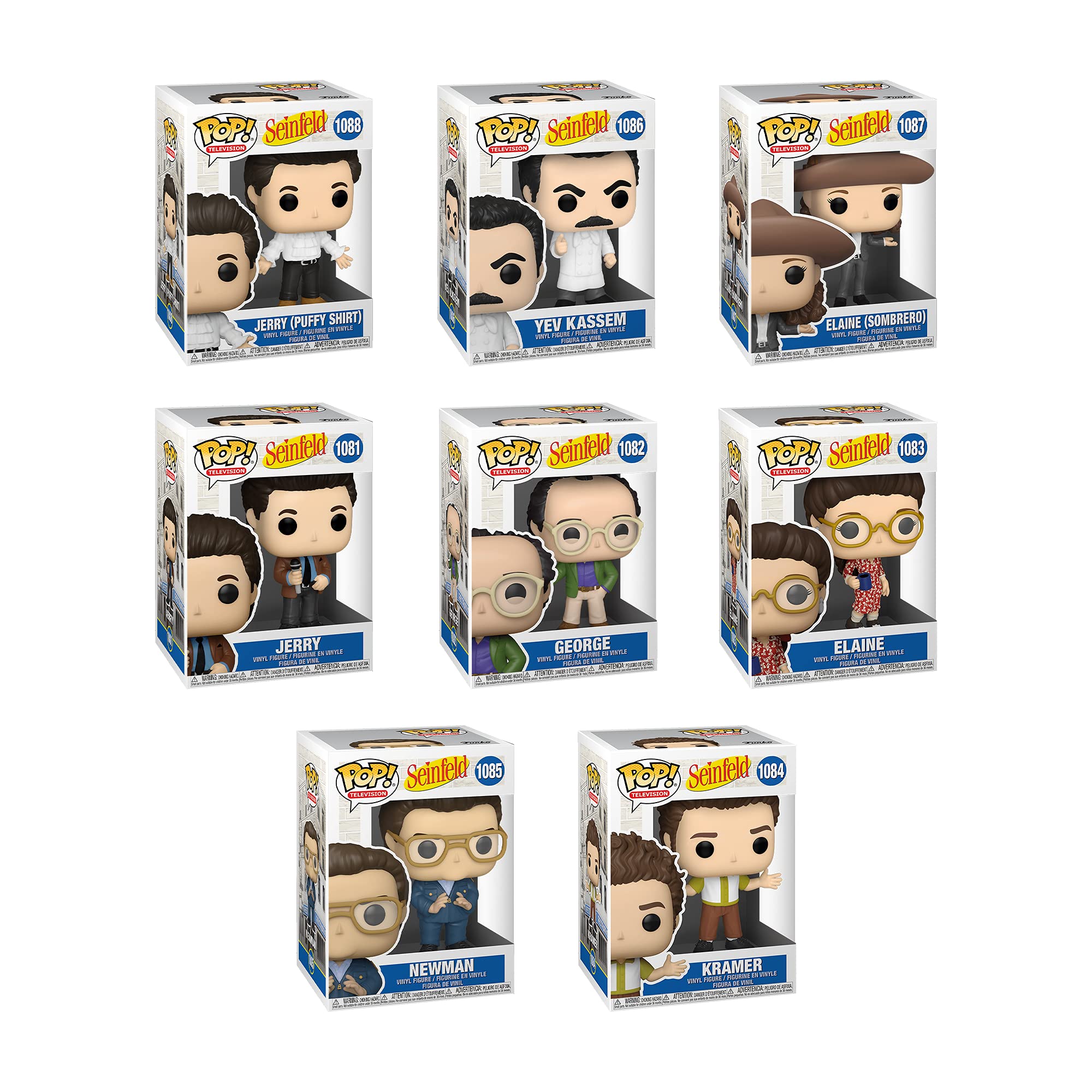 Pop! TV Seinfeld Set of 8: Jerry, Jerry (Puffy Shirt), George, Elaine, Elaine (Sombrero), Kramer, Newman and Yev Kassem (Soup Cook)
