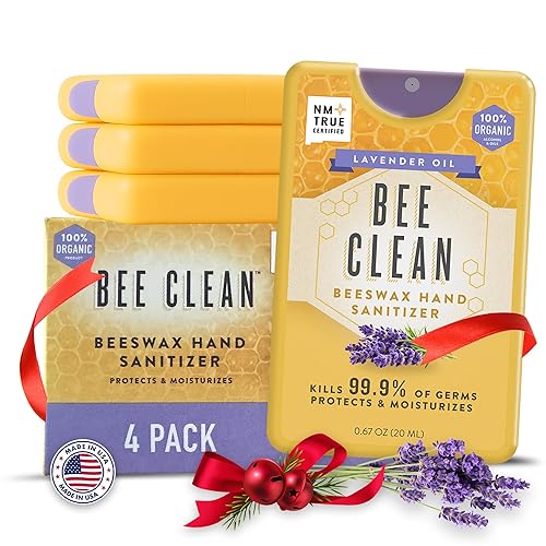 Organic Beeswax Hand Sanitizer Spray - 4-Pack (Lavender Oil), Travel Size Mist Spray with Organic Ethyl Alcohol, Moisturizing and Refreshing with