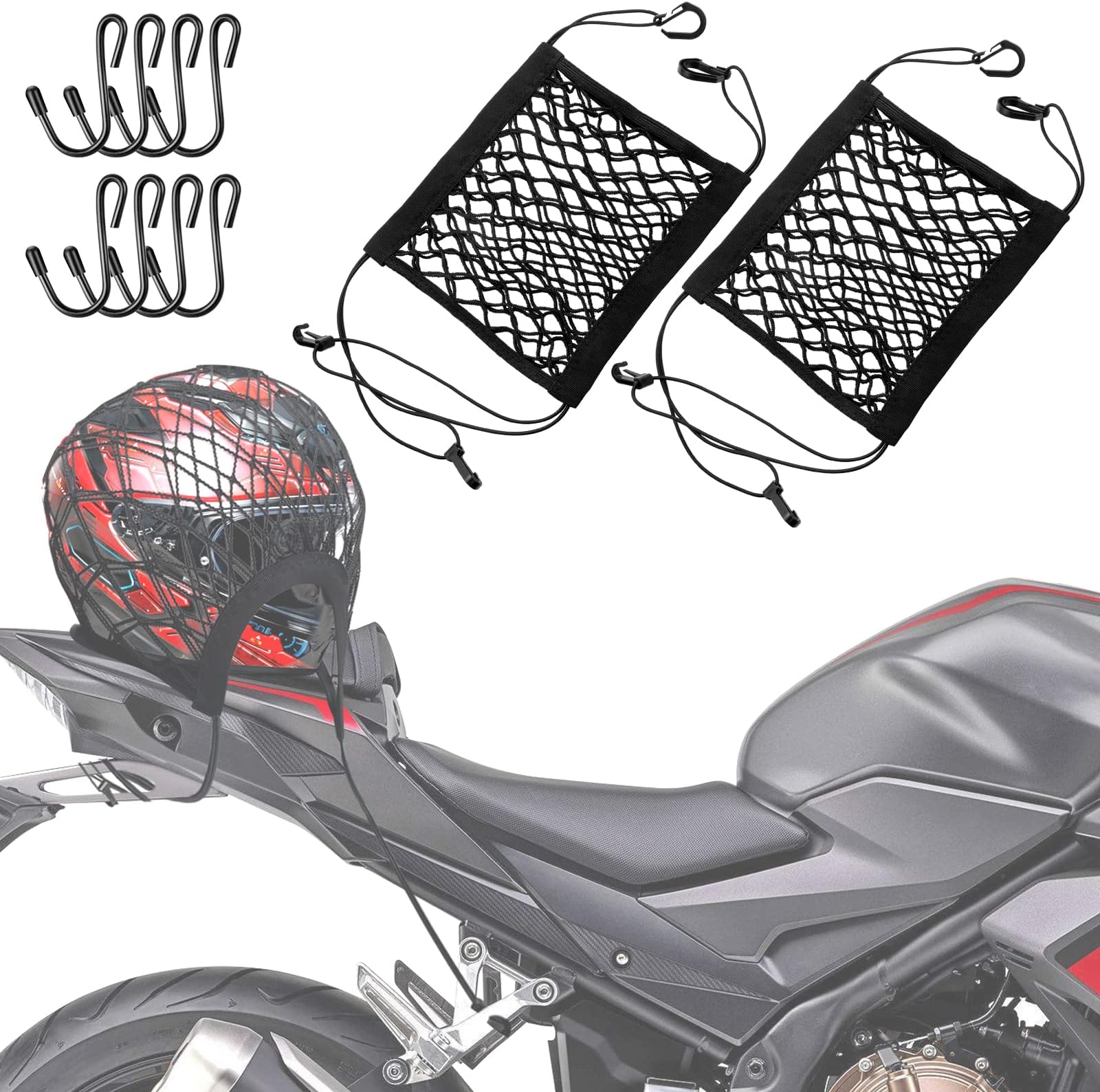 2PCS Upgrade Cargo Net for Motorcycle Helmet Storage, 10"X11" High-Elastic Double Layer Bungee Net with 8 Extra Strong Metal Hooks, Luggage Strap Rack Expansion Organizer Net for Motorbike Trike Cycle