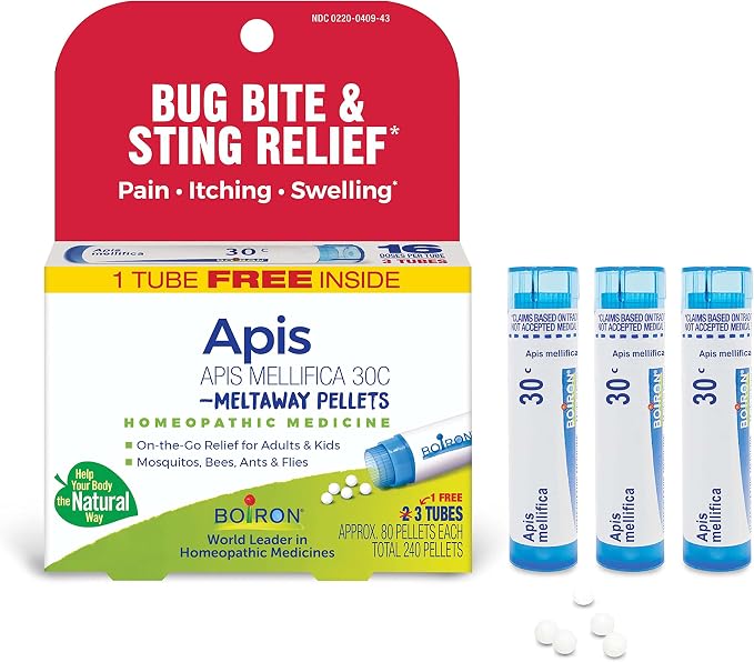 My Personal Guide to the Best Homeopathic Remedies for Itching Relief 11 Boiron Apis Mellifica 30C Homeopathic Medince for Relief from Pain, Itching, and Swelling of Bug Bites or Stings - 3 Count (240 Pellets)