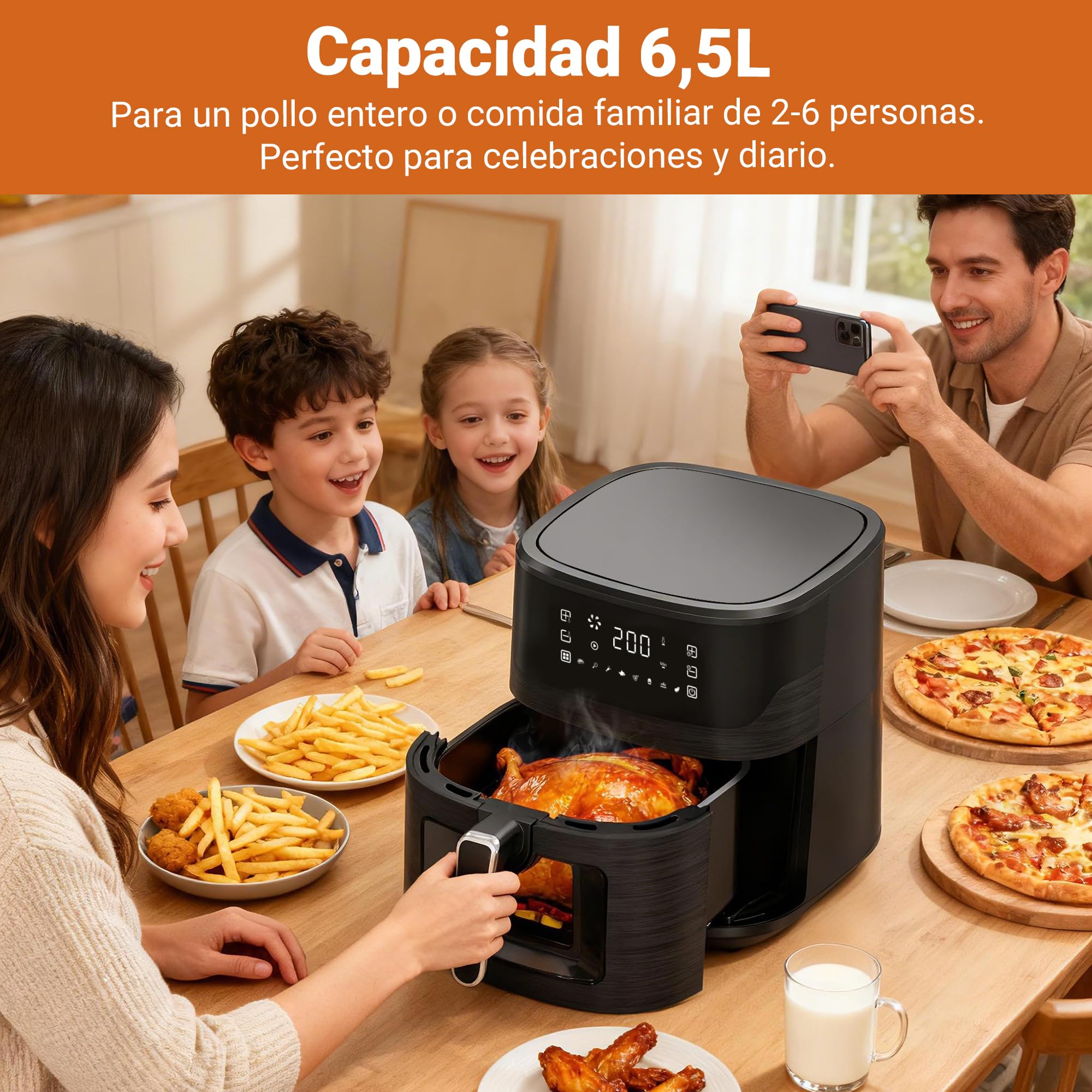 Freidora de Aire 6,5L sin Aceite | 1600W Airfryer con Ventana Visible | 8 Programas, Pantalla Táctil, Temporizador, Cesta Antiadherente, Apta para Lavavajillas