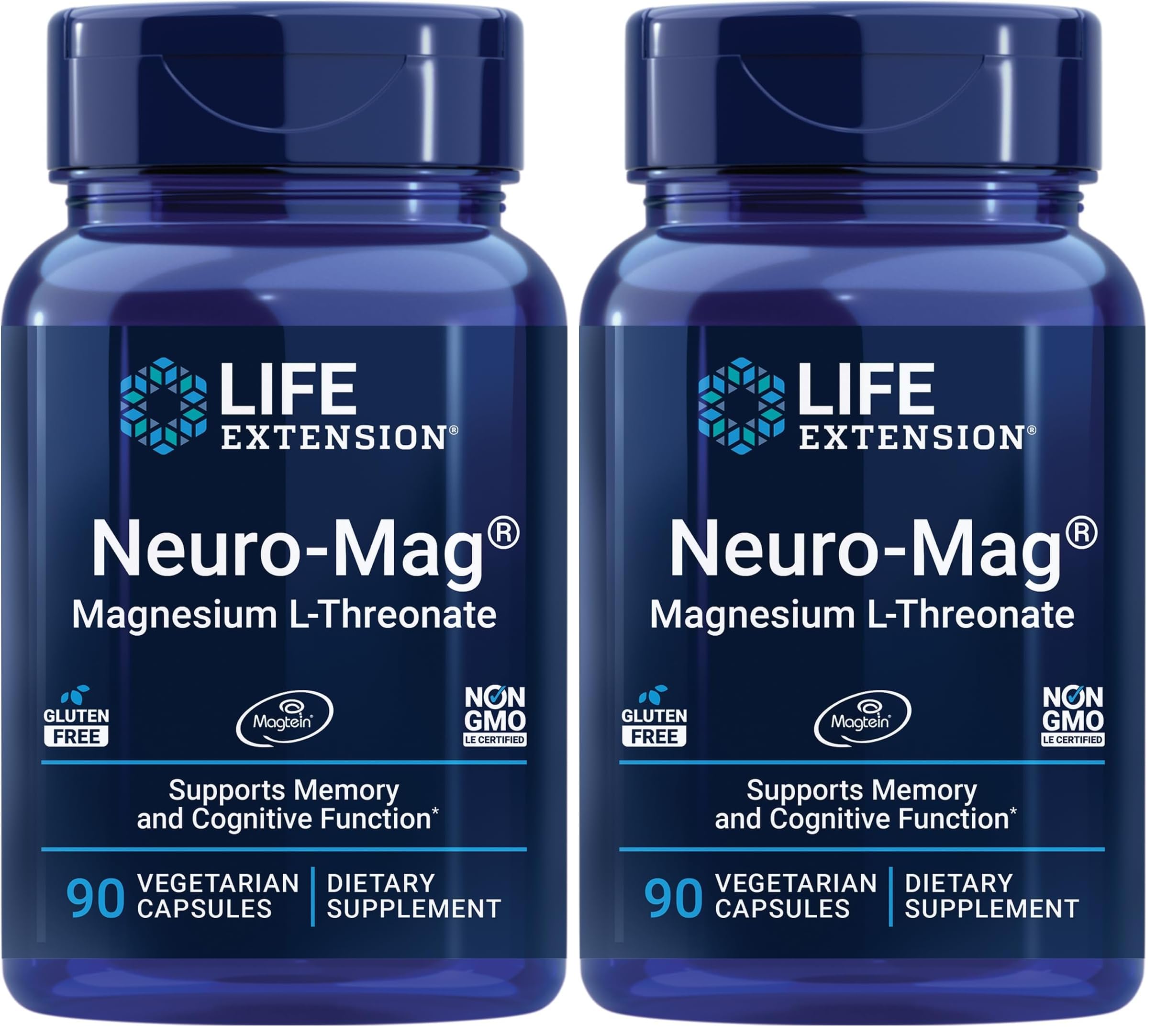 Life Extension Neuro-mag Magnesium L-threonate, Magnesium L-threonate, Brain Health, Memory & Attention, Gluten Free, Vegetarian, Non-GMO, 90 Vegetarian Capsules (Pack of 2)