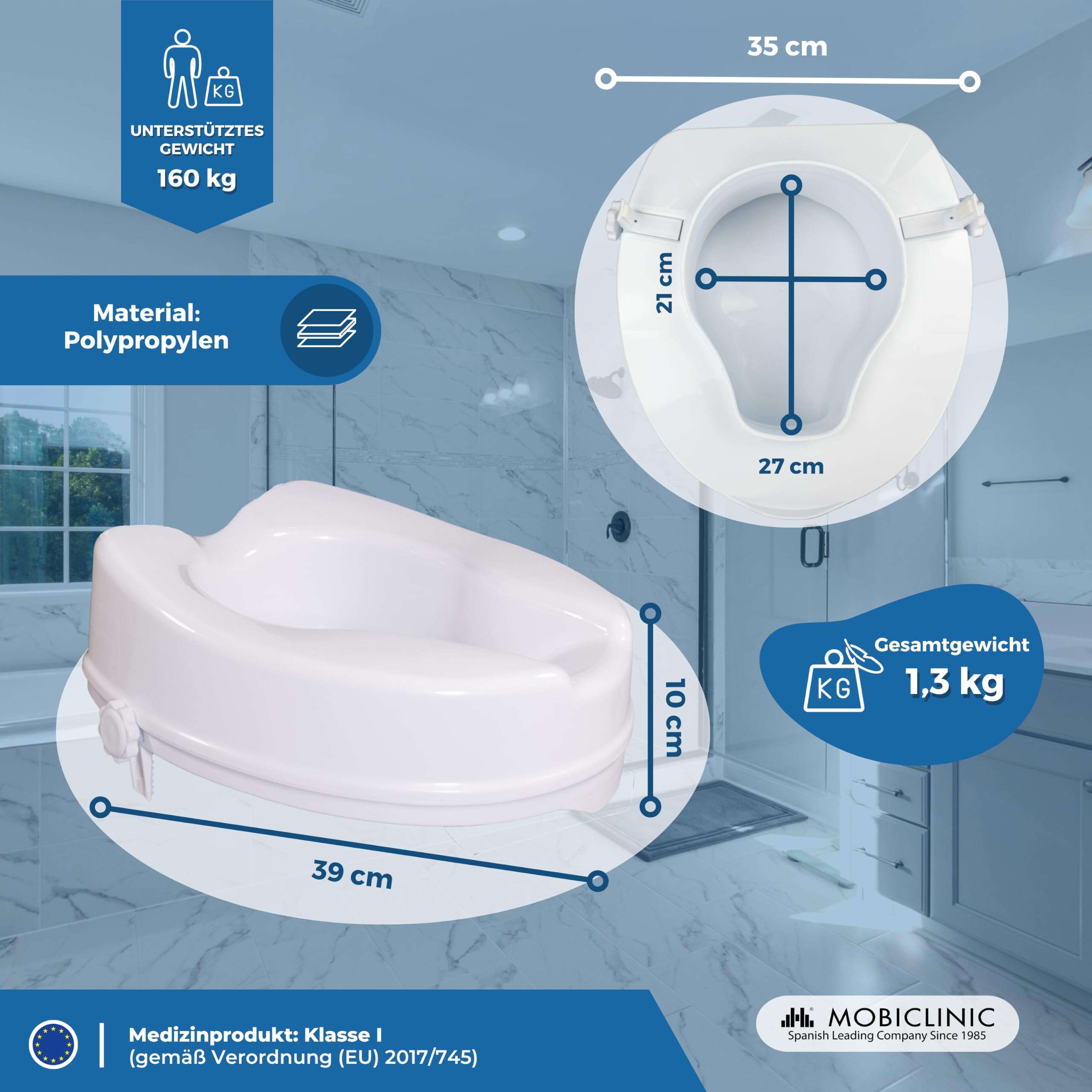 Mobiclinic®, Toilettensitzerhöhung, 10 cm Höhe, Europäische Marke, Wc sitzerhöhung, Toilettenaufsatz für senioren, Extra stabile, Farbe weiß, Titan