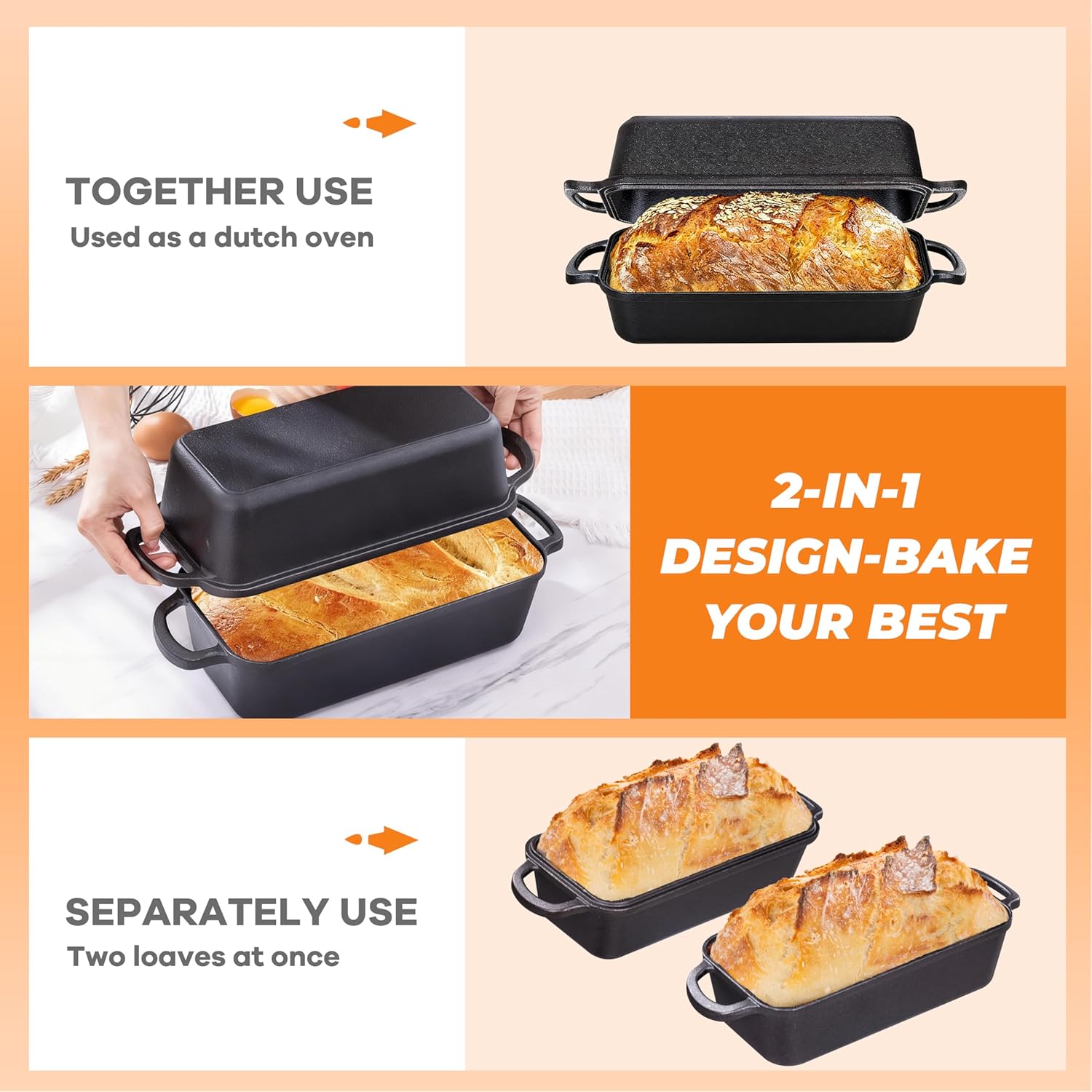 11x5 Inch Cast Iron Loaf Pan with Lid, Large 5.8 Qt Dutch Oven Bread Loaf Pan, Sourdough Loaf Pan for Sourdough,Homemade Bread and Sandwich Bread, Even Heat Distribution