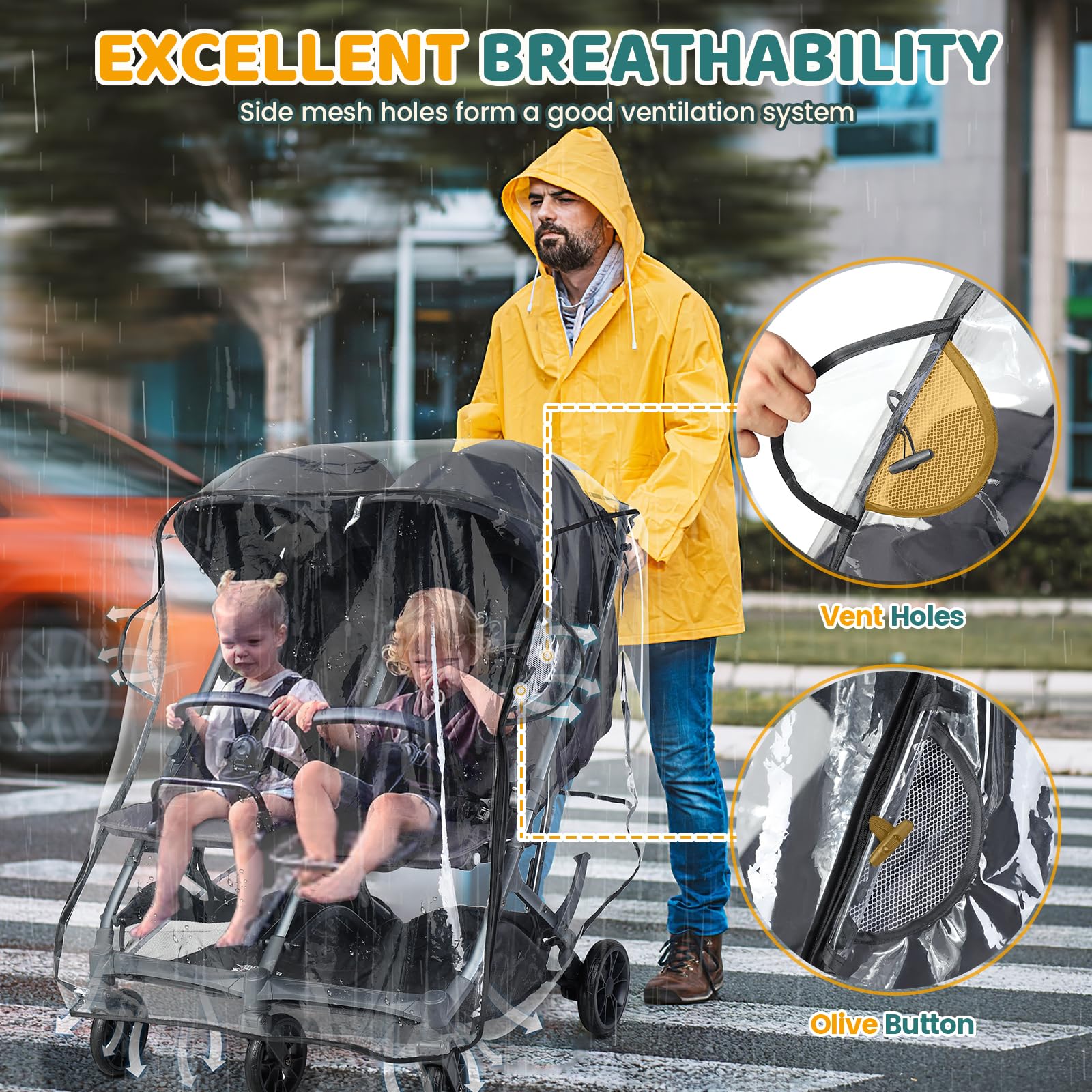 IvyWind Funda impermeable para cochecito doble, protector universal para cochecito de bebé lado a lado, funda transpirable para todo tipo de clima contra la lluvia, la nieve y el polvo