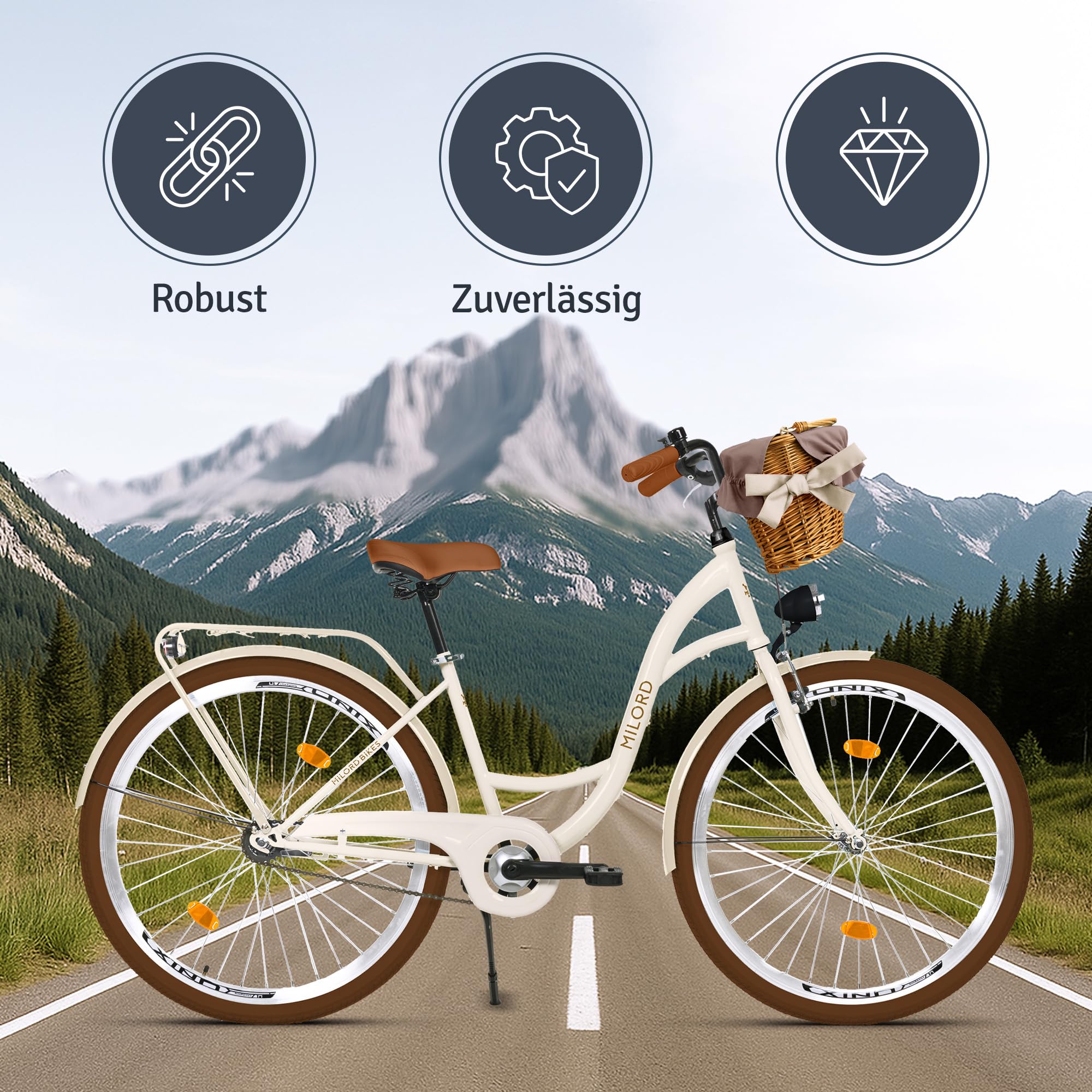 Bicicletta comfort con cestino di vimini, bicicletta olandese da donna, City bike, beige marrone, 1 marcia, 28 pollici