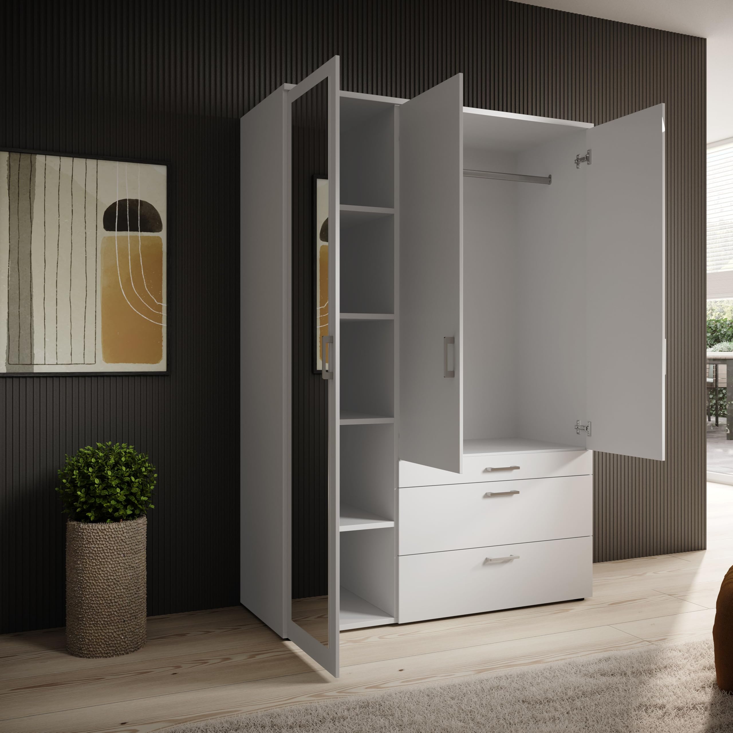 VESALA Kleiderschrank mit Spiegeltür in Weiß, 3-türig Drehtürenschrank | 135 x 195 x 56 cm (B/H/T), Schlafzimmer, Kleiderstange, 4 Ablageböden, 3 Schubladen, Schlafzimmerschrank, mit Spiegel