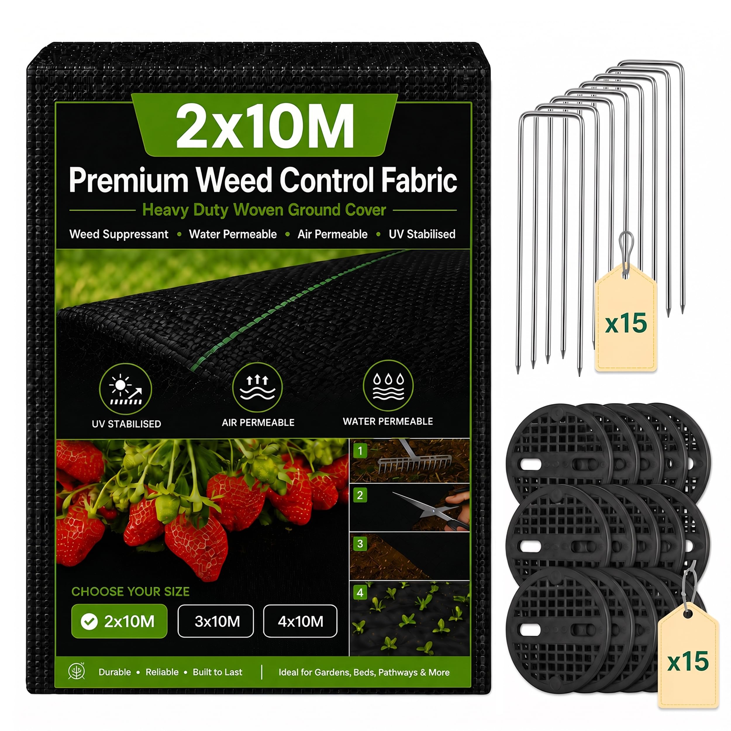 XIADINGO Heavy Duty Weed Membrane Garden Weed Control Fabric, UV Stabilised Ground Cover, Breathable Landscape Fabric for Patios, Flower Beds. (2X10M with 15PCS Pegs&Buffer Washers)